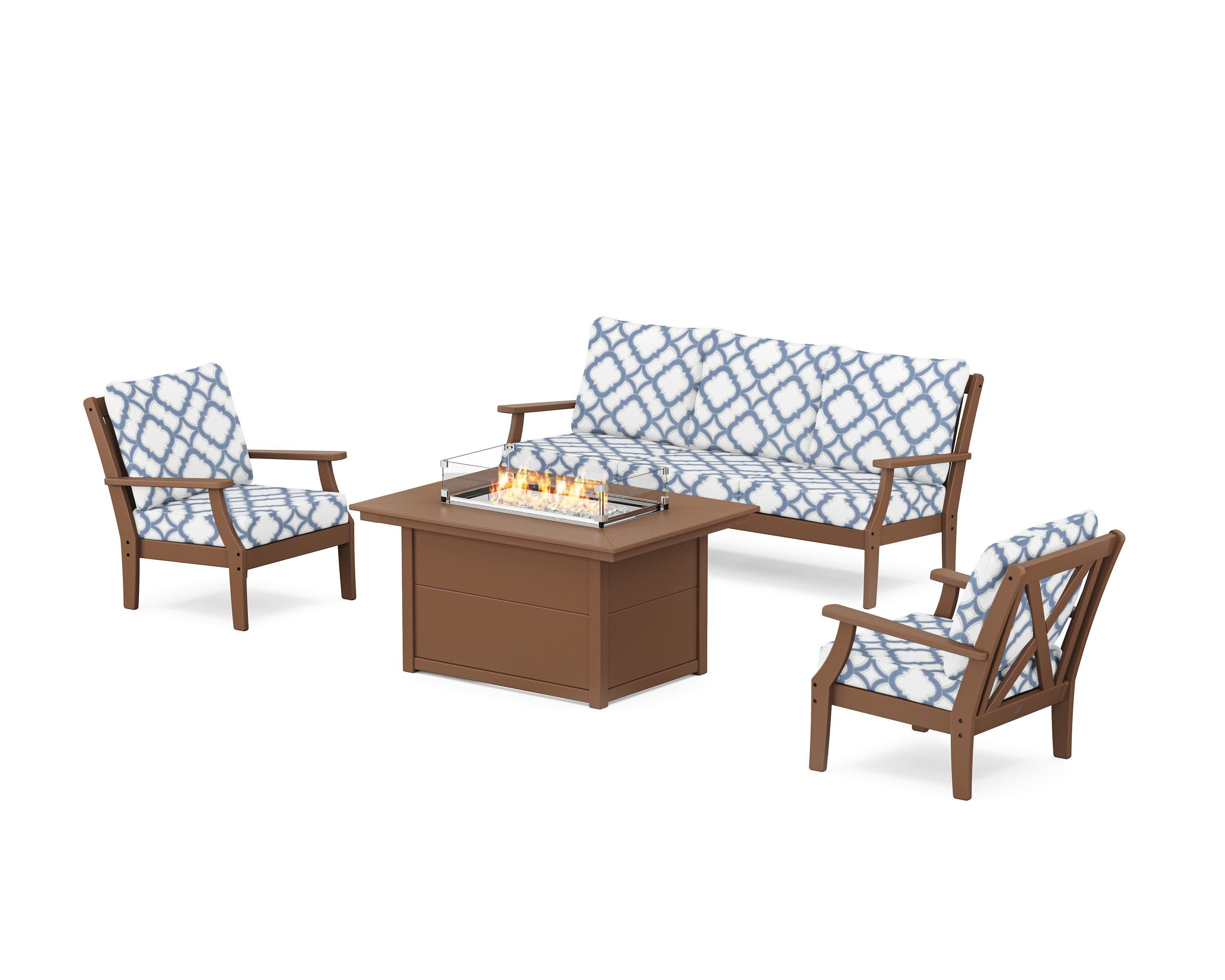 Braxton Deep Seating Fire Pit Table Set in Teak / Trellis Sky Blue
