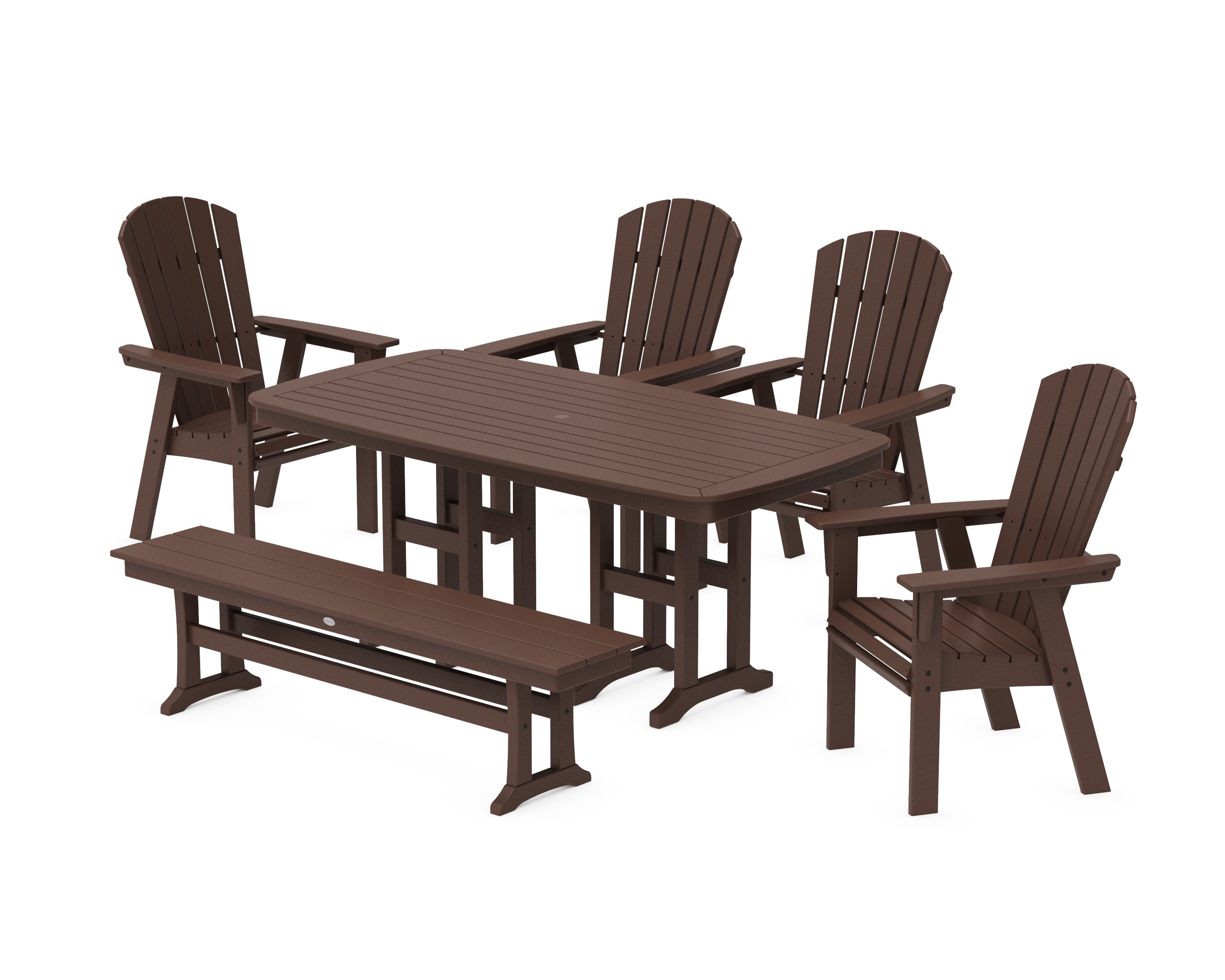 Nautical Curveback Adirondack 6-Piece Dining Set with Bench in Mahogany