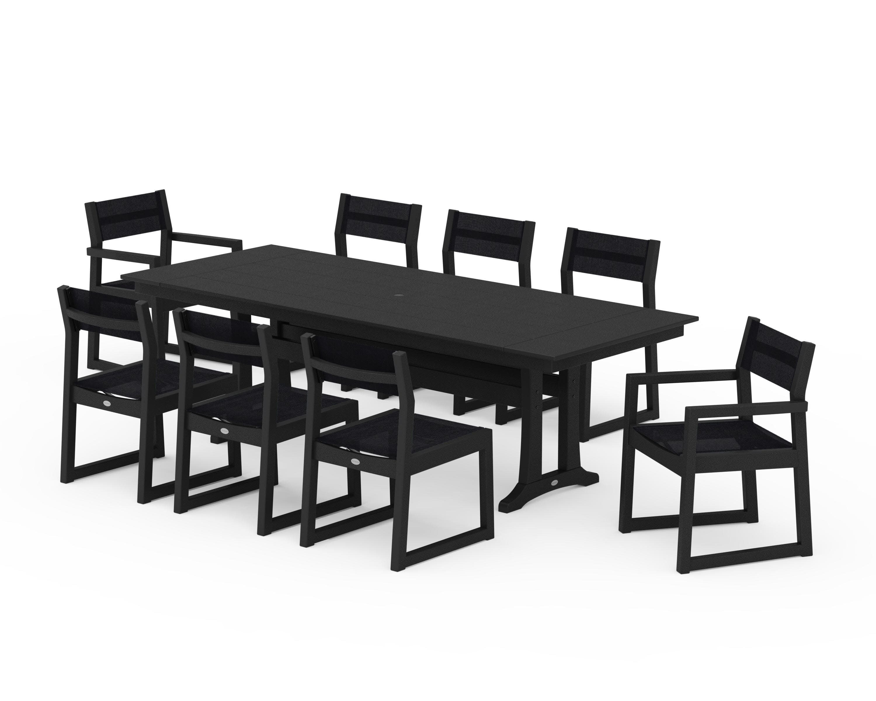 EDGE Sling 9-Piece Farmhouse Trestle Dining Set in Black / Black Sling