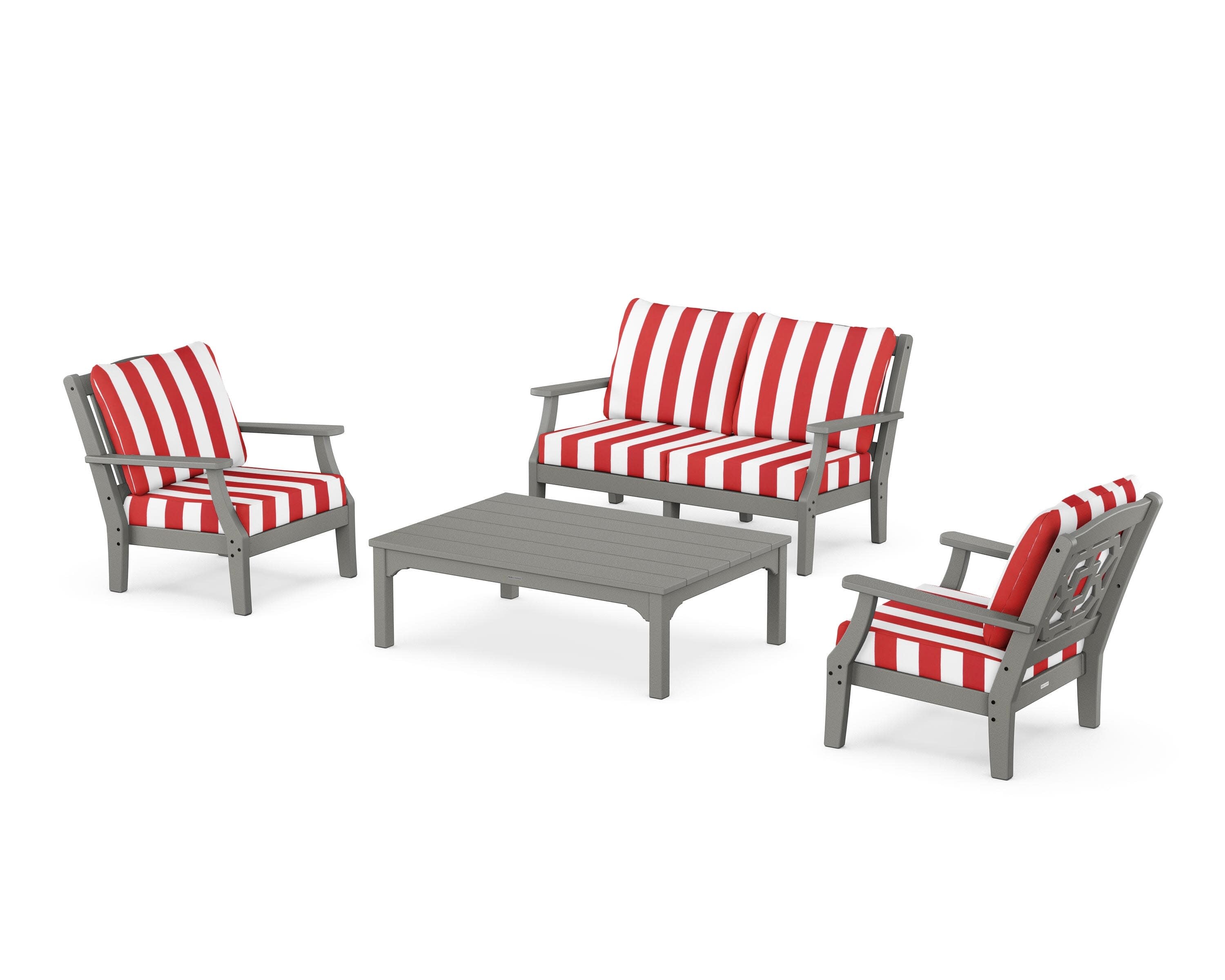 Chinoiserie 4-Piece Deep Seating Set with Loveseat in Slate Grey / Cabana Stripe Crimson