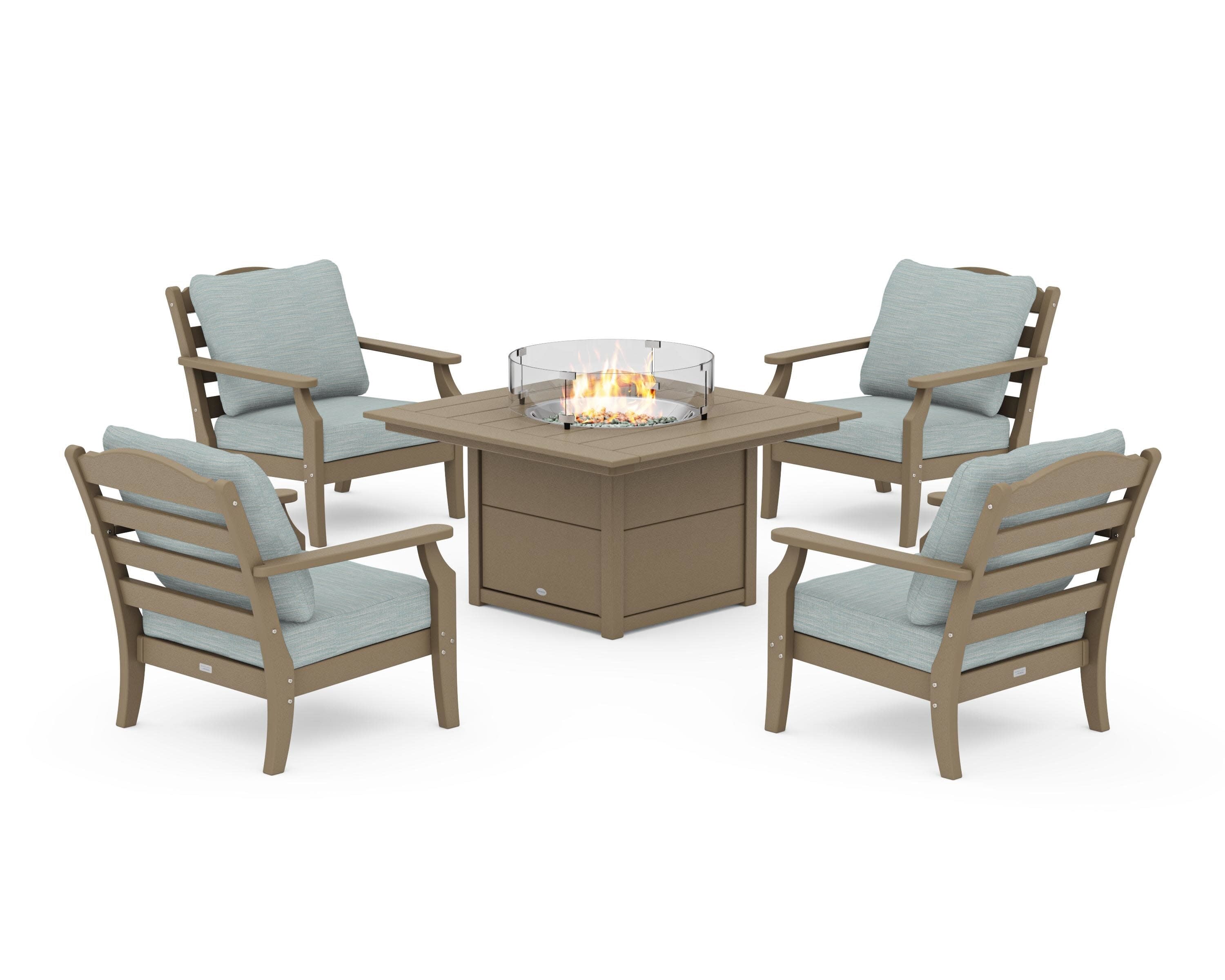 Savannah 5-Piece Deep Seating Set with Fire Pit Table in Vintage Sahara / Soothe Mist
