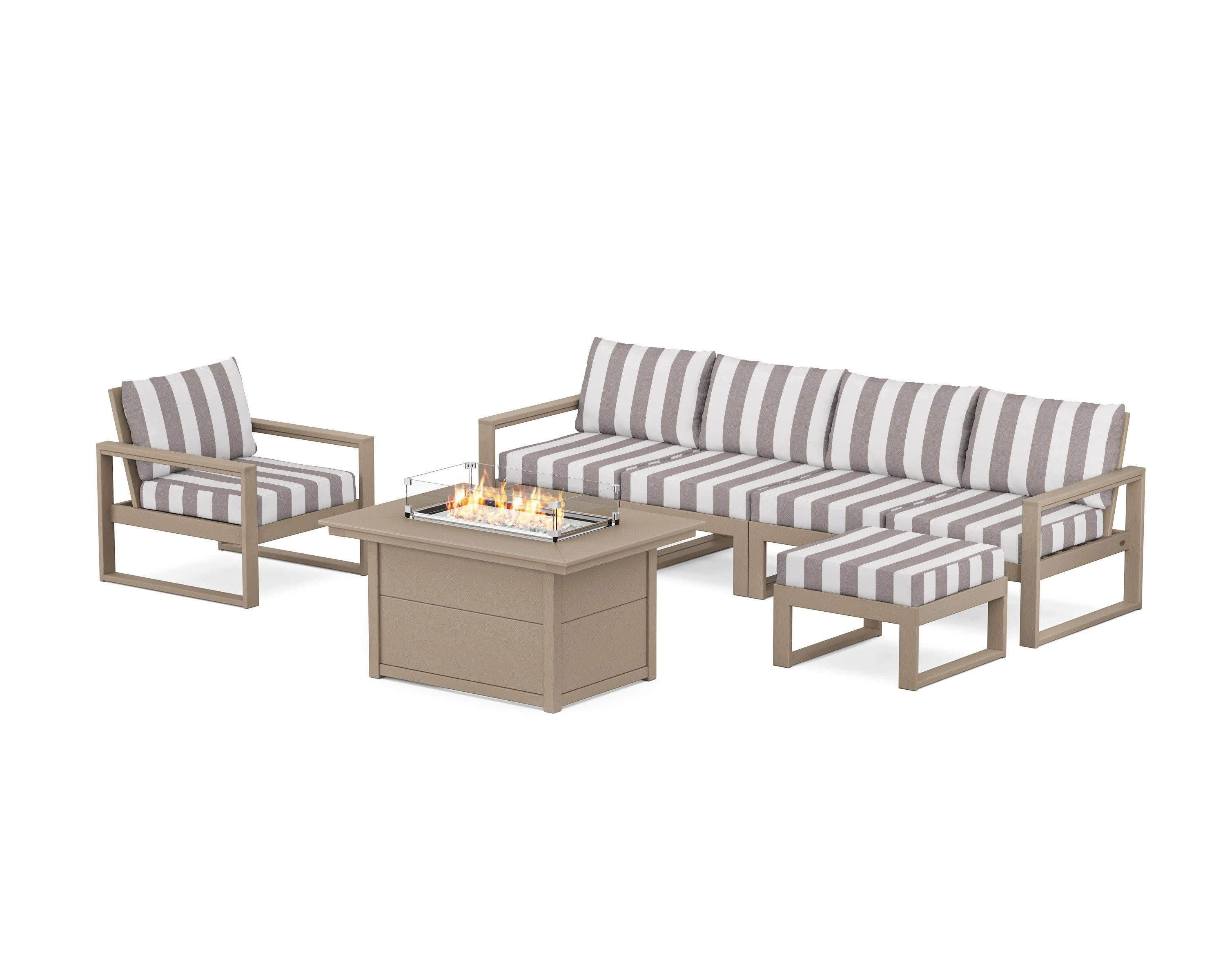 EDGE Sectional Lounge and Fire Pit Set in Vintage Sahara / Cabana Stripe Grey Mist