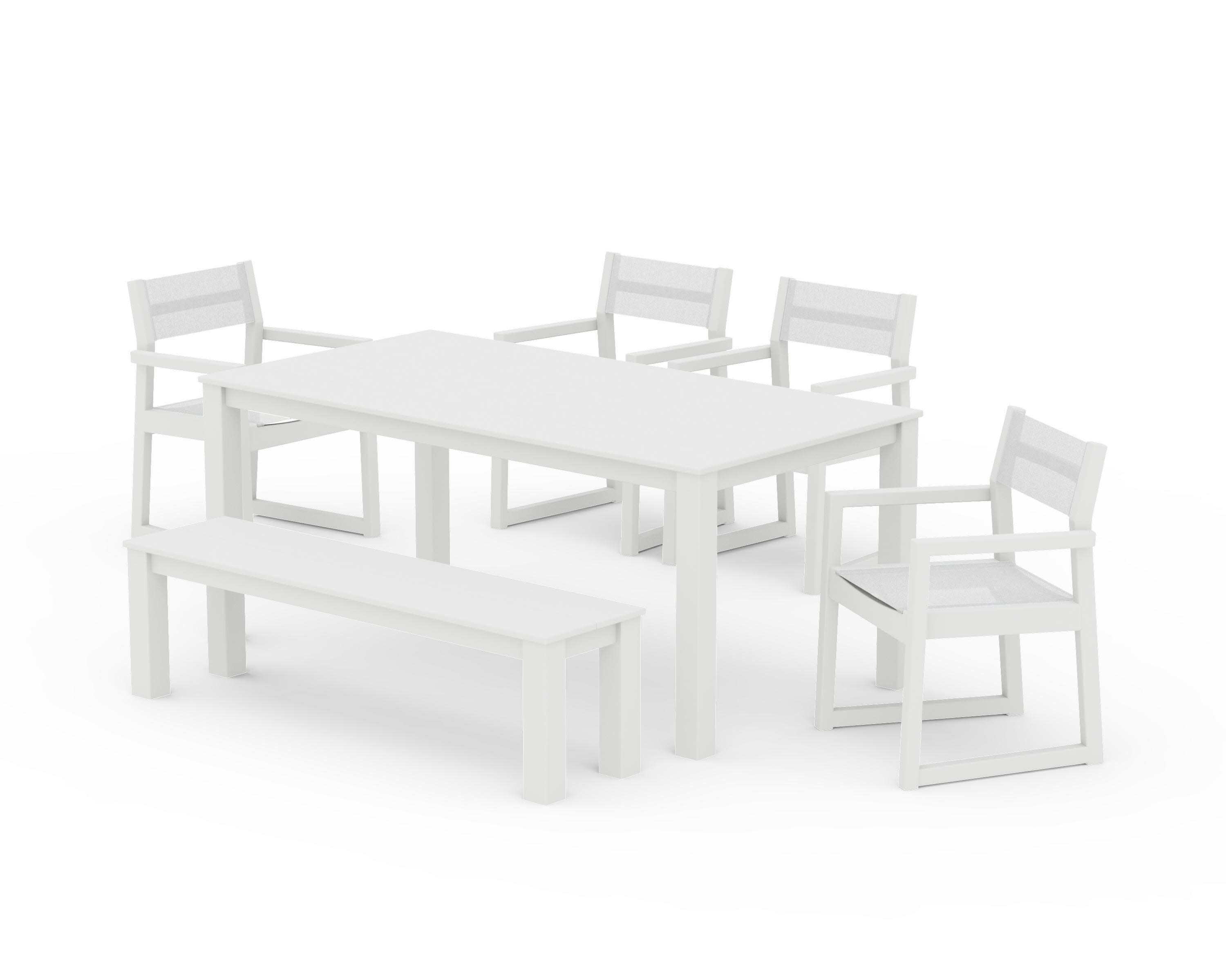 EDGE Sling Arm Chair 6-Piece Parsons Dining Set with Bench in White / White Sling