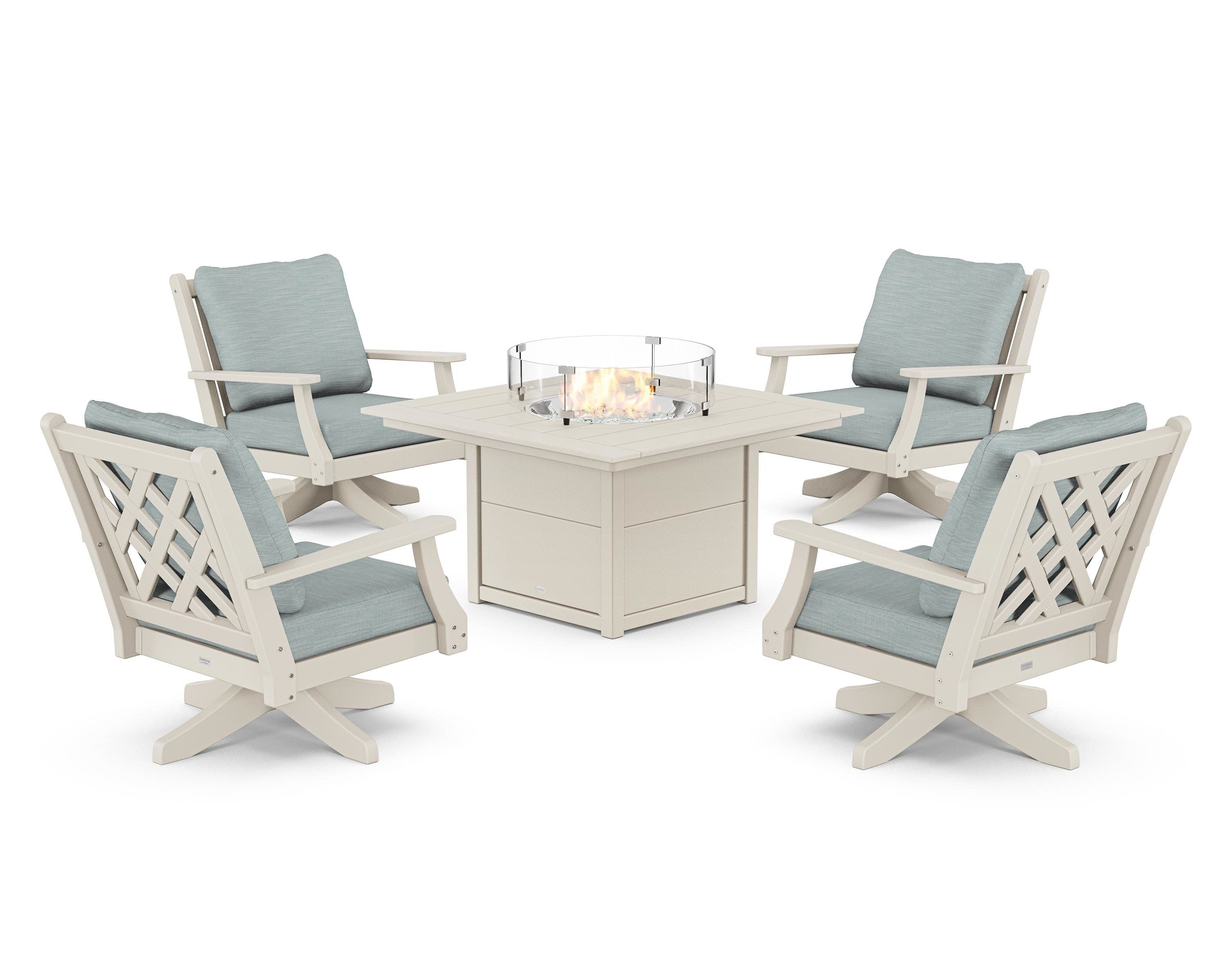Wovendale 5-Piece Deep Seating Swivel Conversation Set with Fire Pit Table in Sand / Soothe Mist