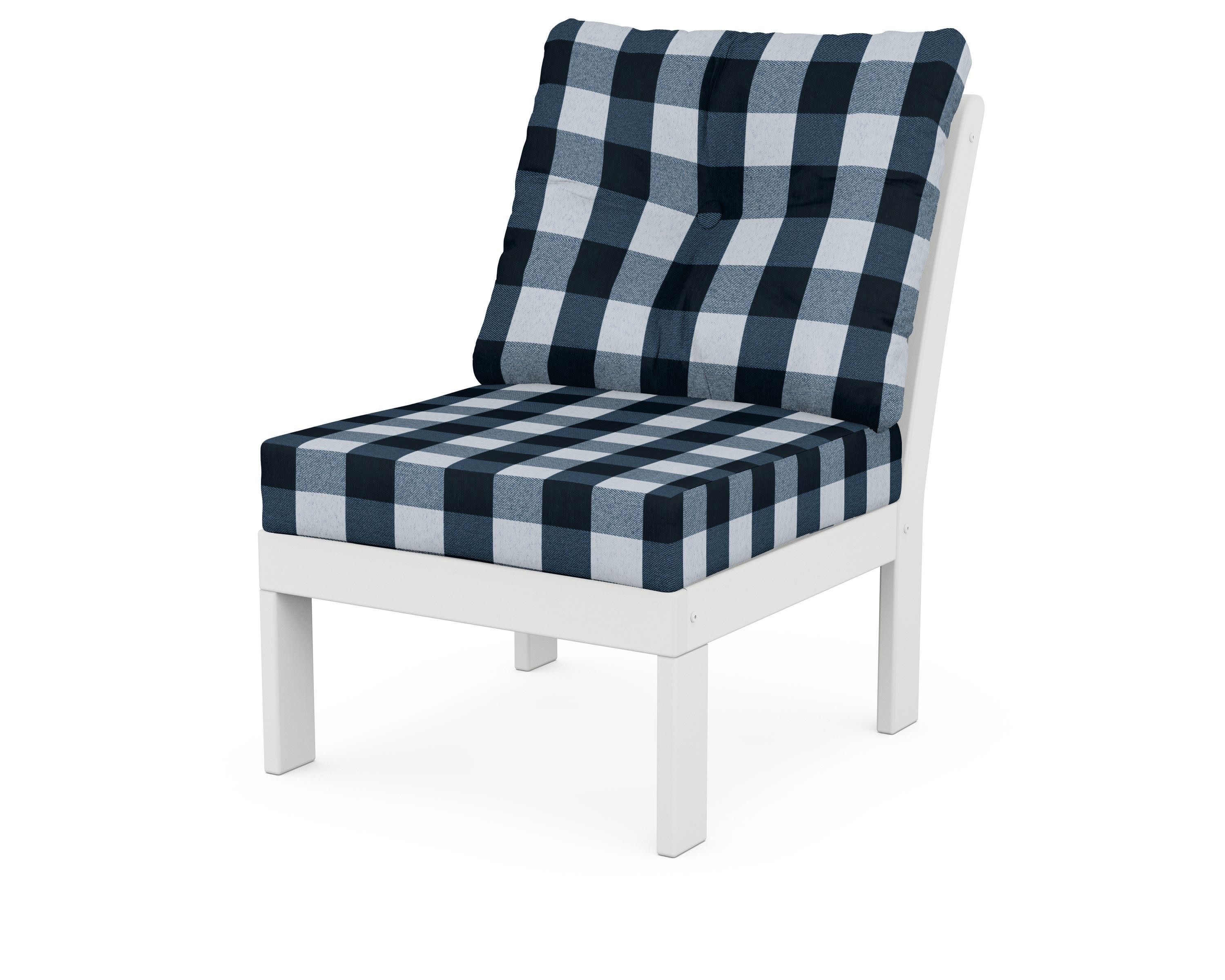 Vineyard Modular Armless Chair in White / Buffalo Plaid Marine Indigo