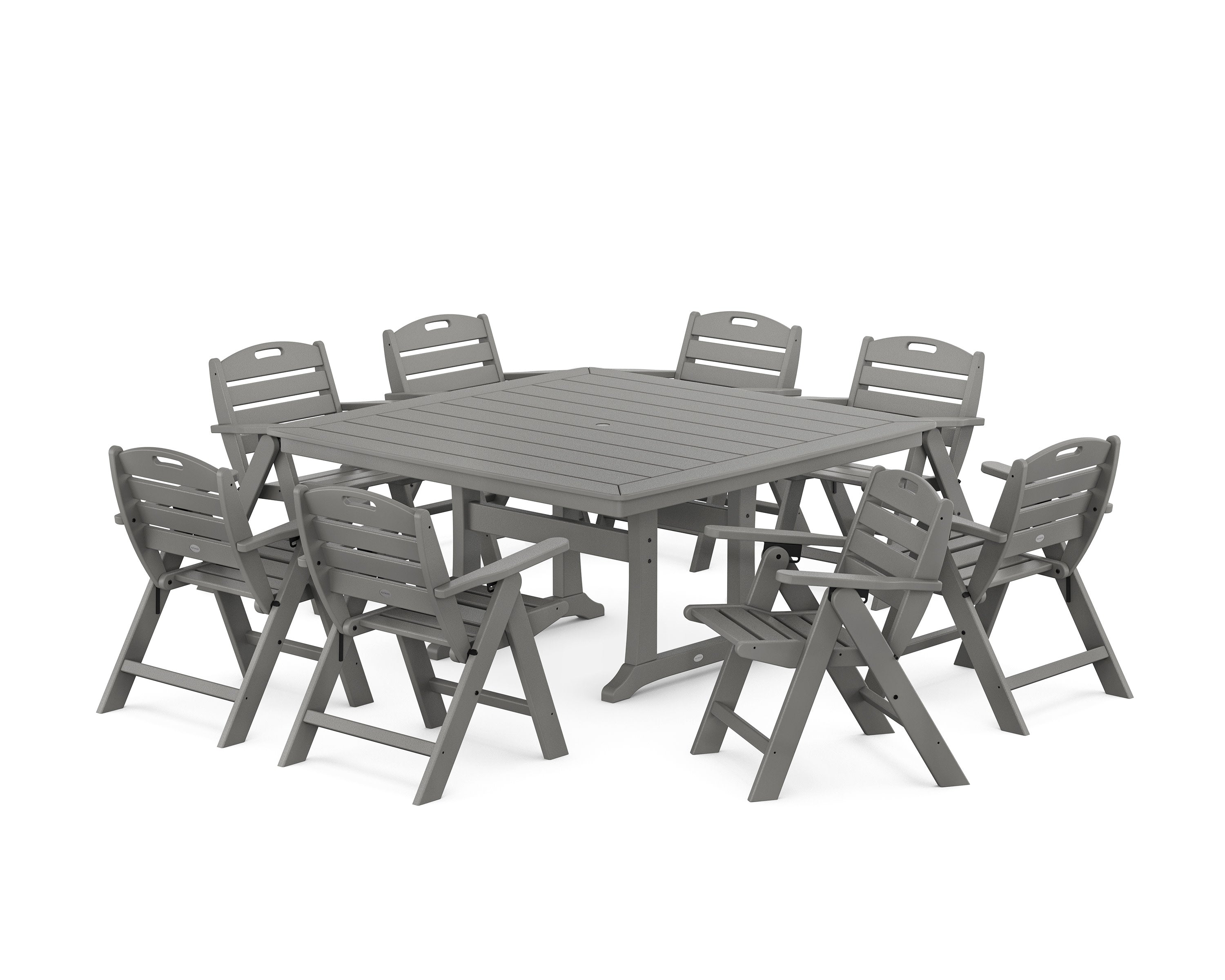 Nautical Lowback 9-Piece Square Dining Set with Trestle Legs in Slate Grey