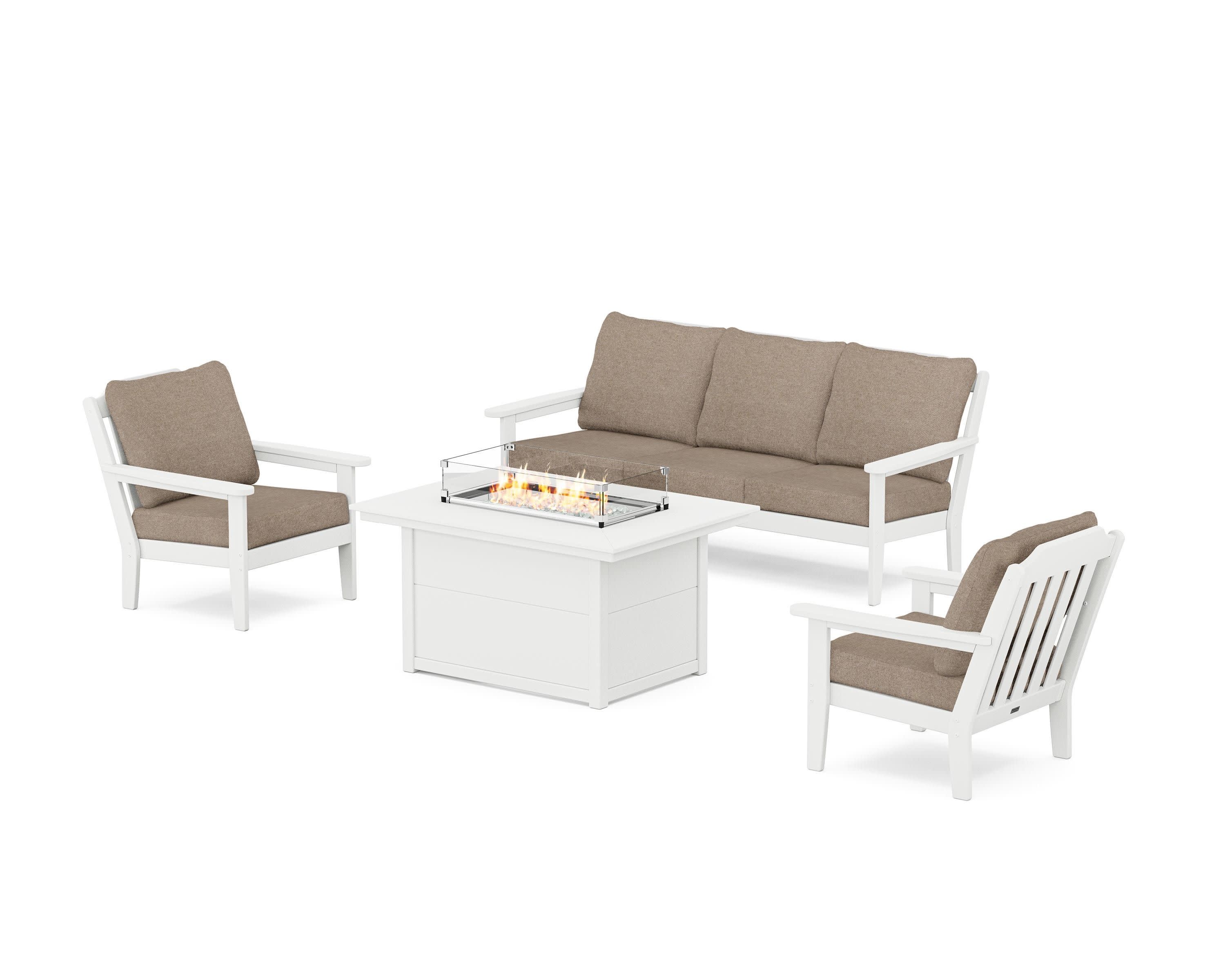 Cottage Deep Seating Fire Pit Table Set in White / Spiced Burlap