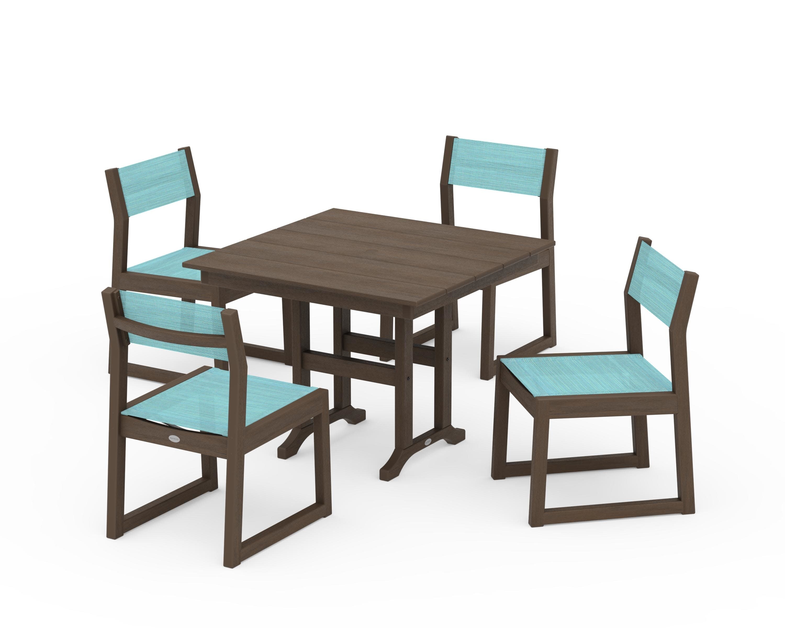 EDGE Sling Side Chair 5-Piece Farmhouse Dining Set in Kona / Dupioni Aquamarine Sling