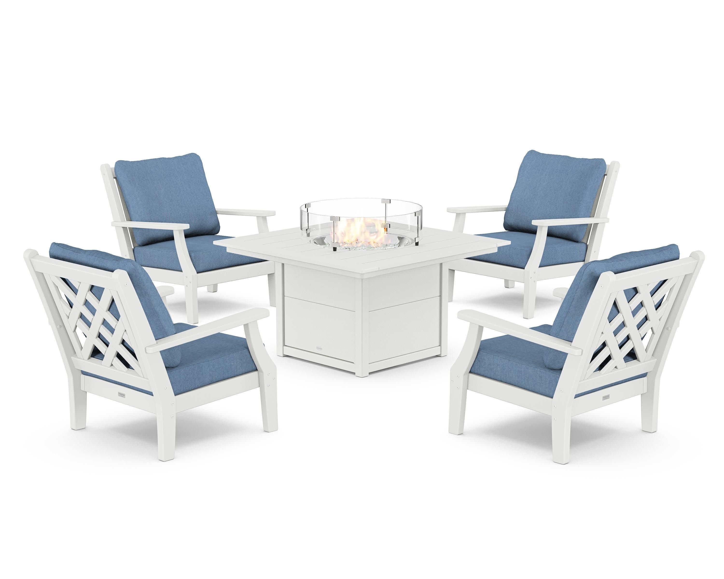 Wovendale 5-Piece Deep Seating Set with Fire Pit Table in White / Sky Blue