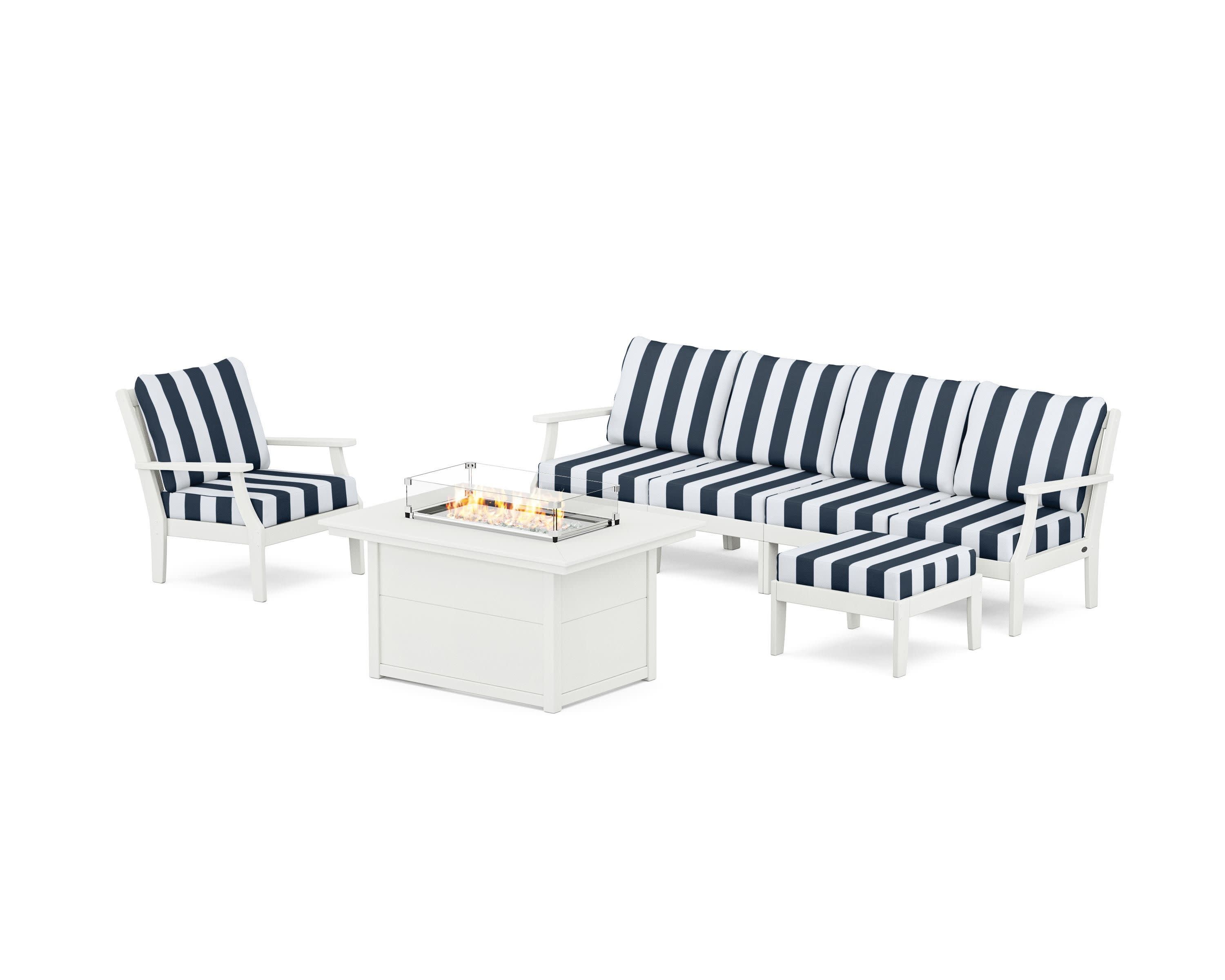 Braxton Sectional Lounge and Fire Pit Set in Vintage White / Cabana Stripe Marine Indigo