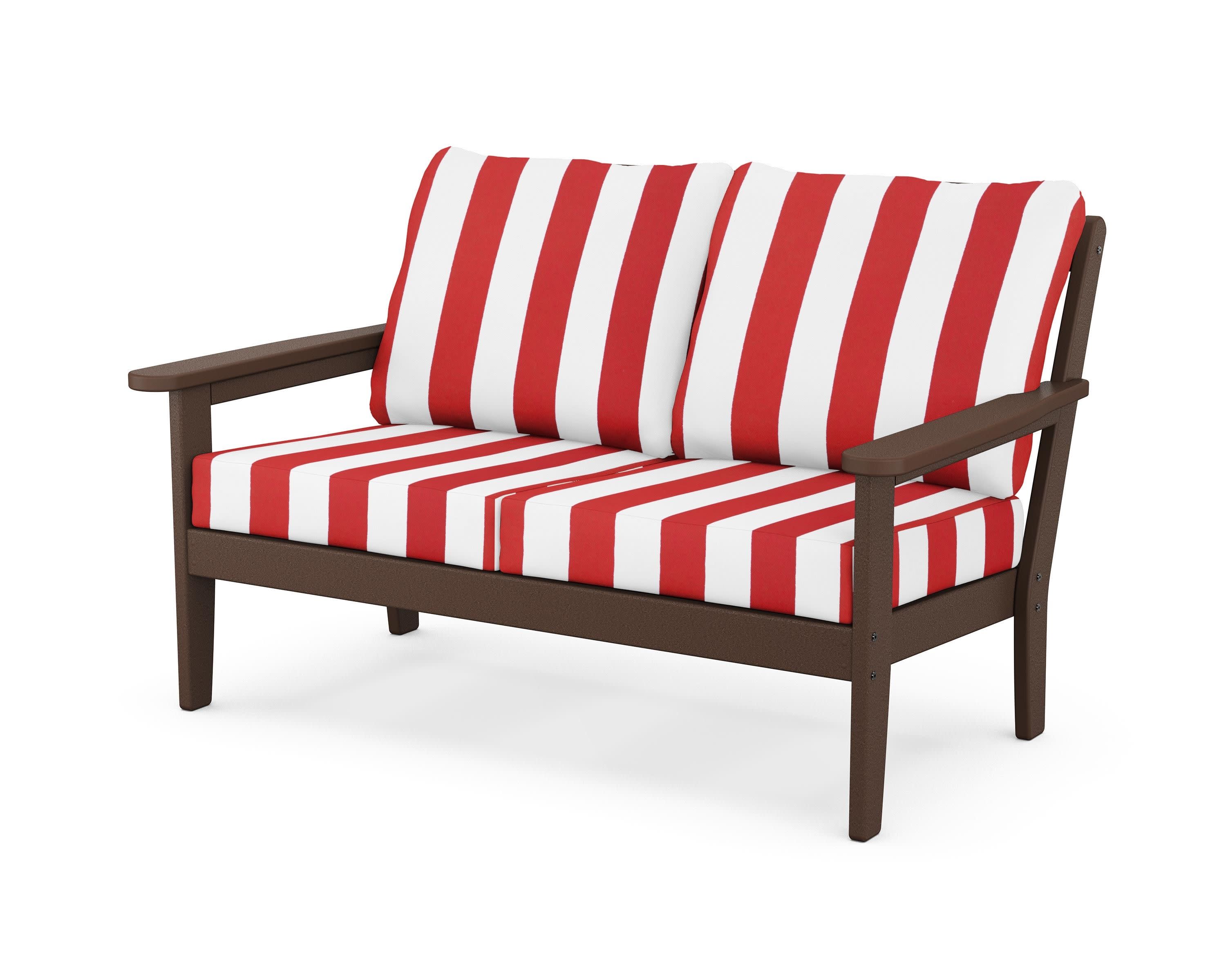 Cottage Deep Seating Loveseat in Mahogany / Cabana Stripe Crimson