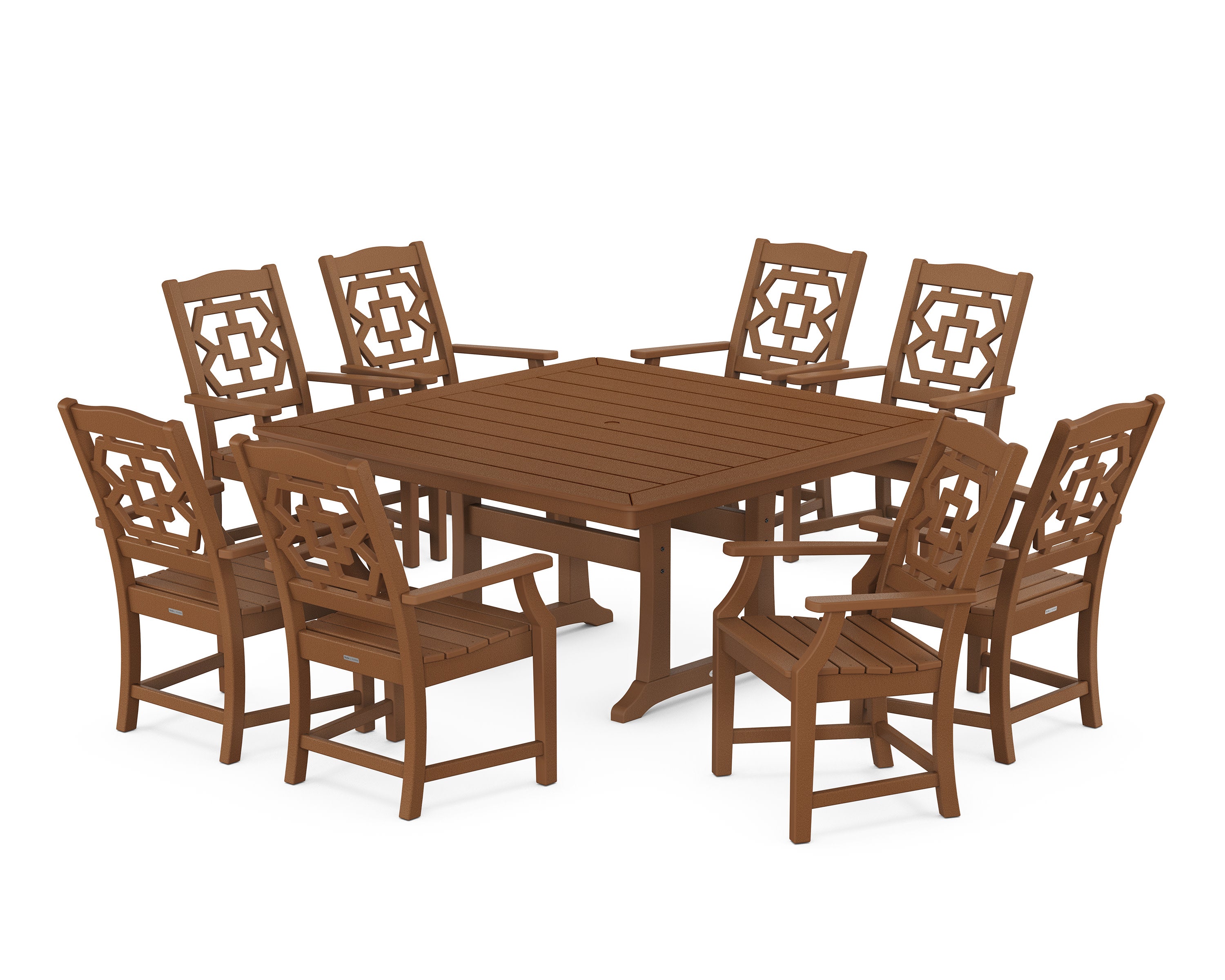Chinoiserie 9-Piece Square Dining Set with Trestle Legs in Teak