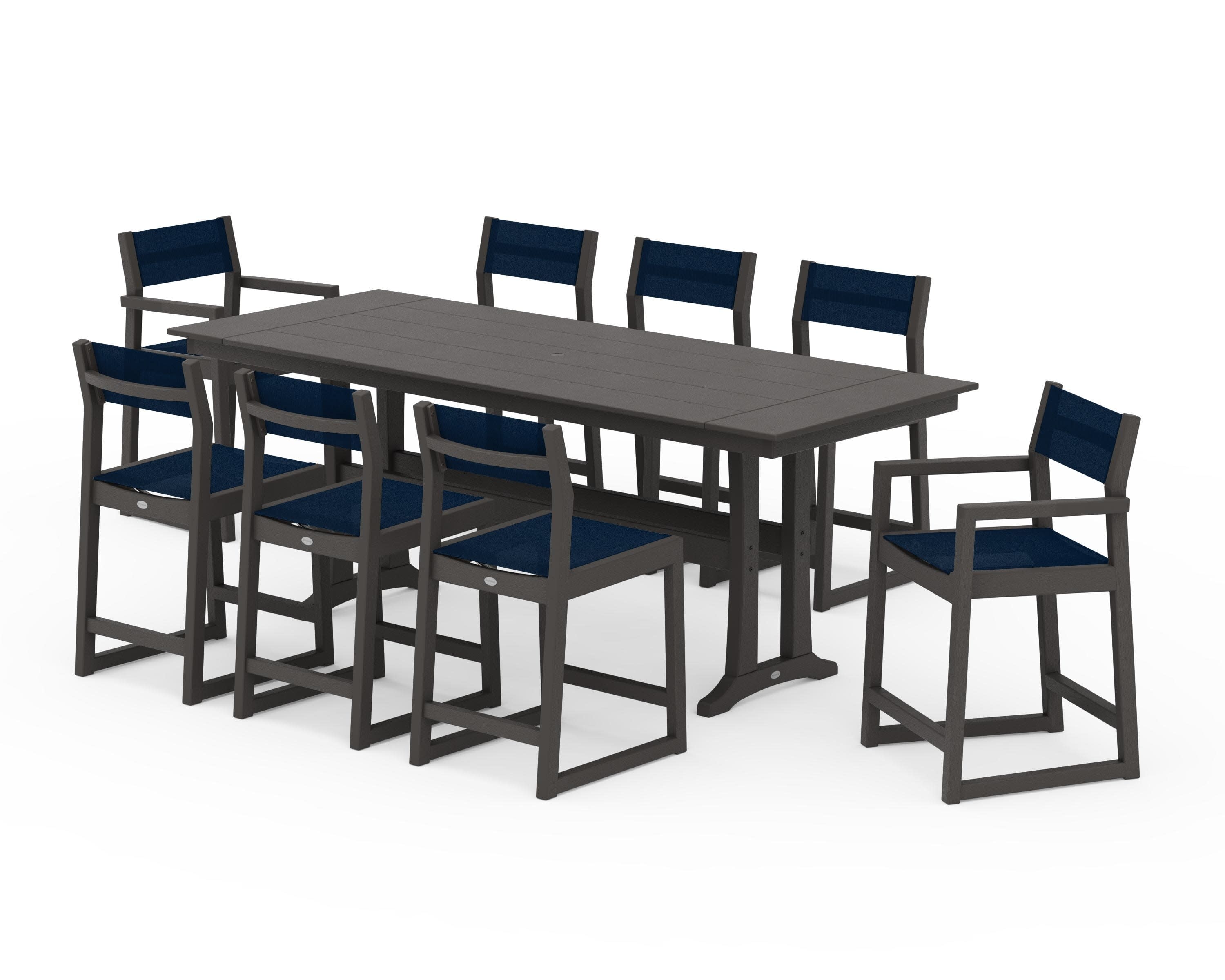EDGE Sling 9-Piece Farmhouse Counter Set with Trestle Legs in Vintage Coffee / Navy Blue Sling