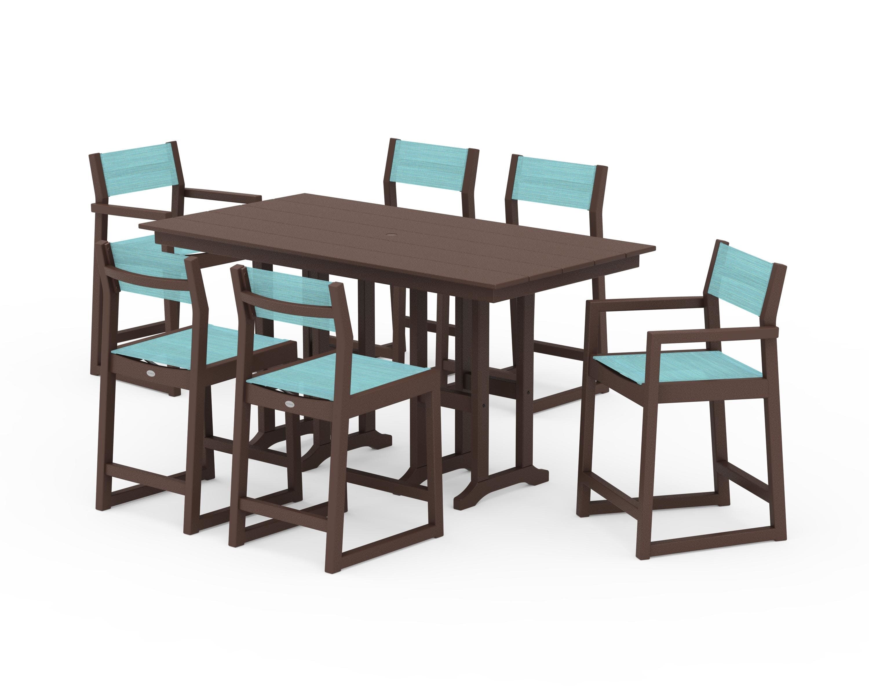 EDGE Sling 7-Piece Farmhouse Counter Set with Trestle Legs in Mahogany / Dupioni Aquamarine Sling