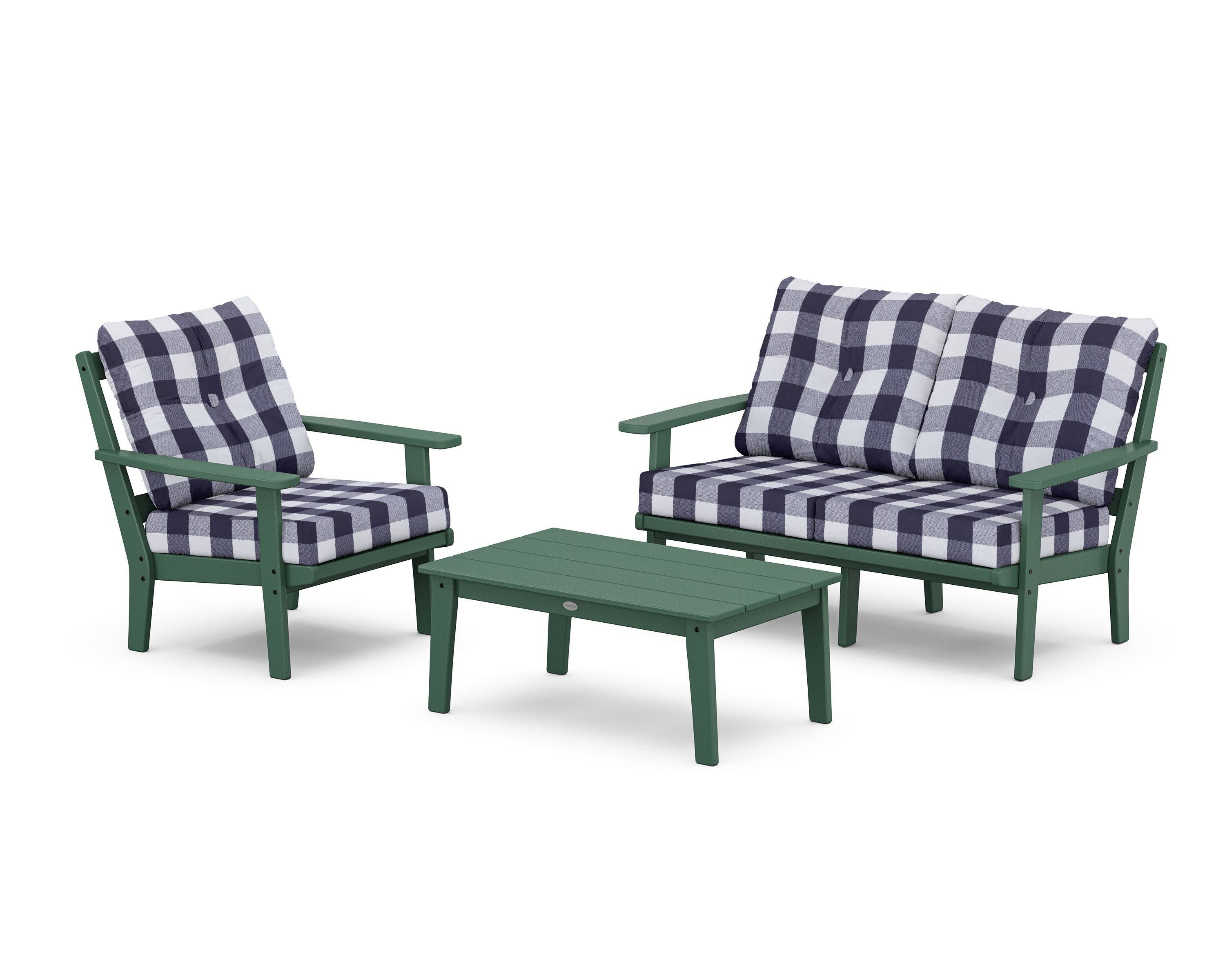 Oxford 3-Piece Deep Seating Set with Loveseat in Green / Buffalo Plaid Navy