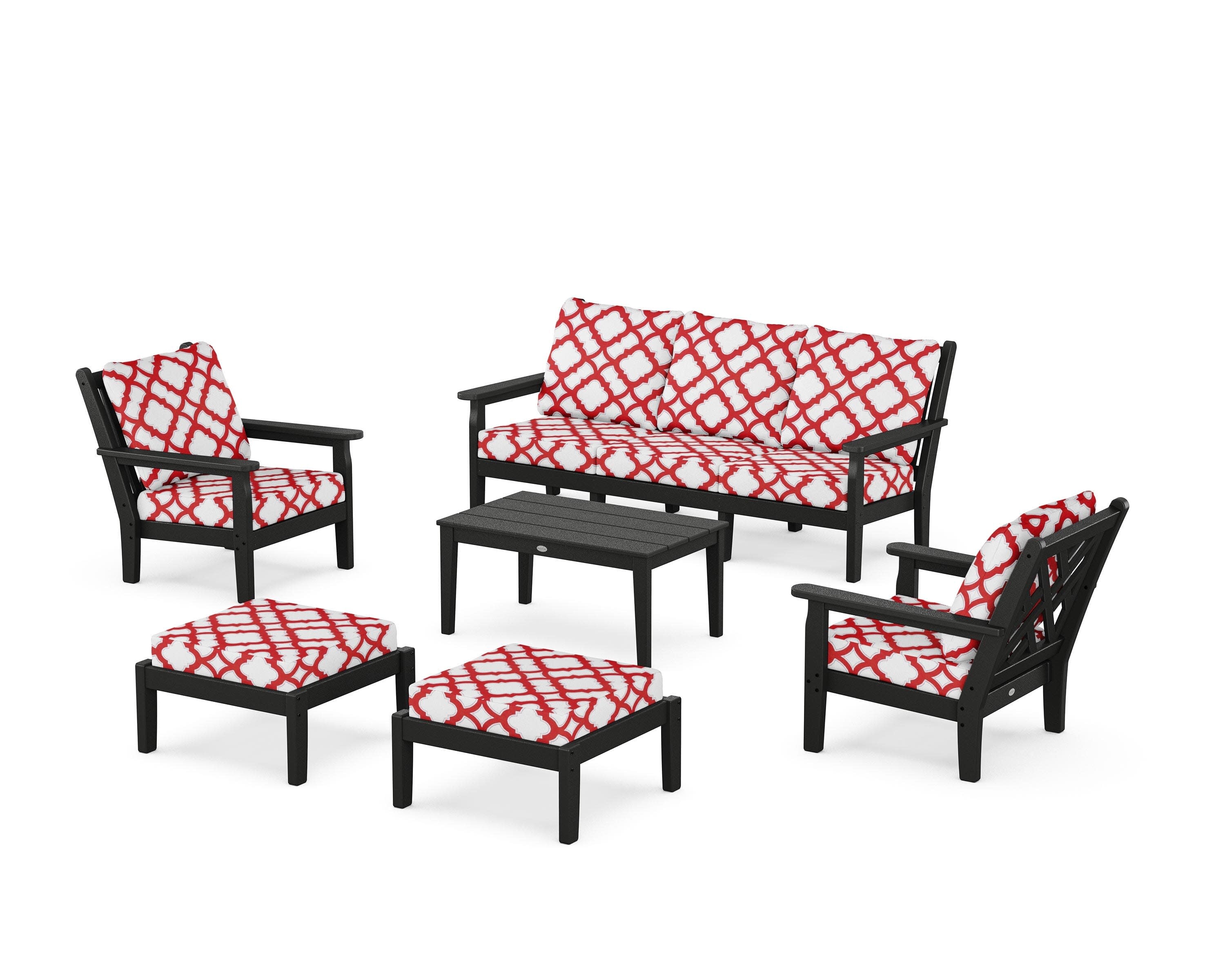 Chippendale 6-Piece Lounge Sofa Set in Black / Trellis Crimson