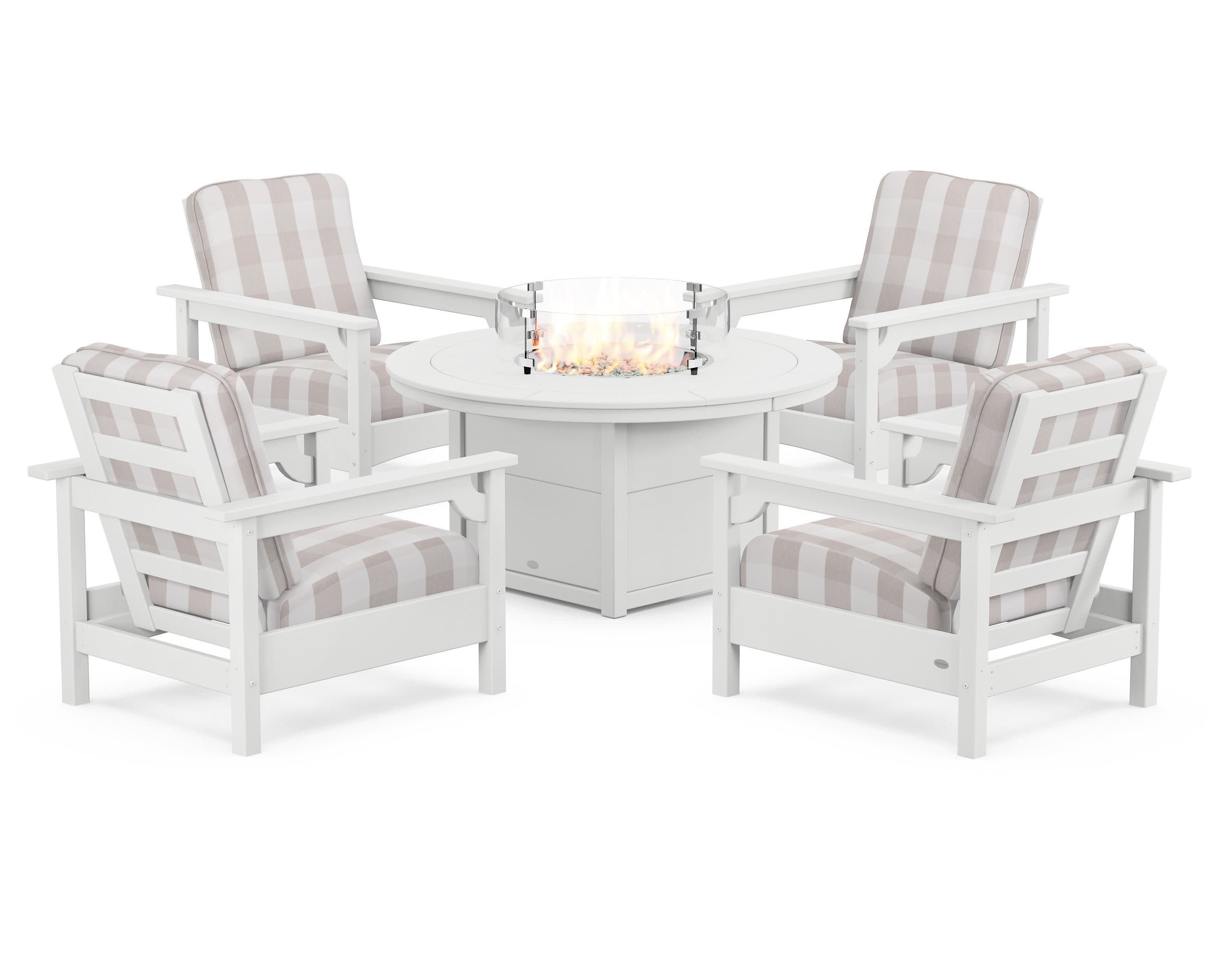 Club 5-Piece Conversation Set with Fire Pit Table in White / Buffalo Plaid Dune Burlap