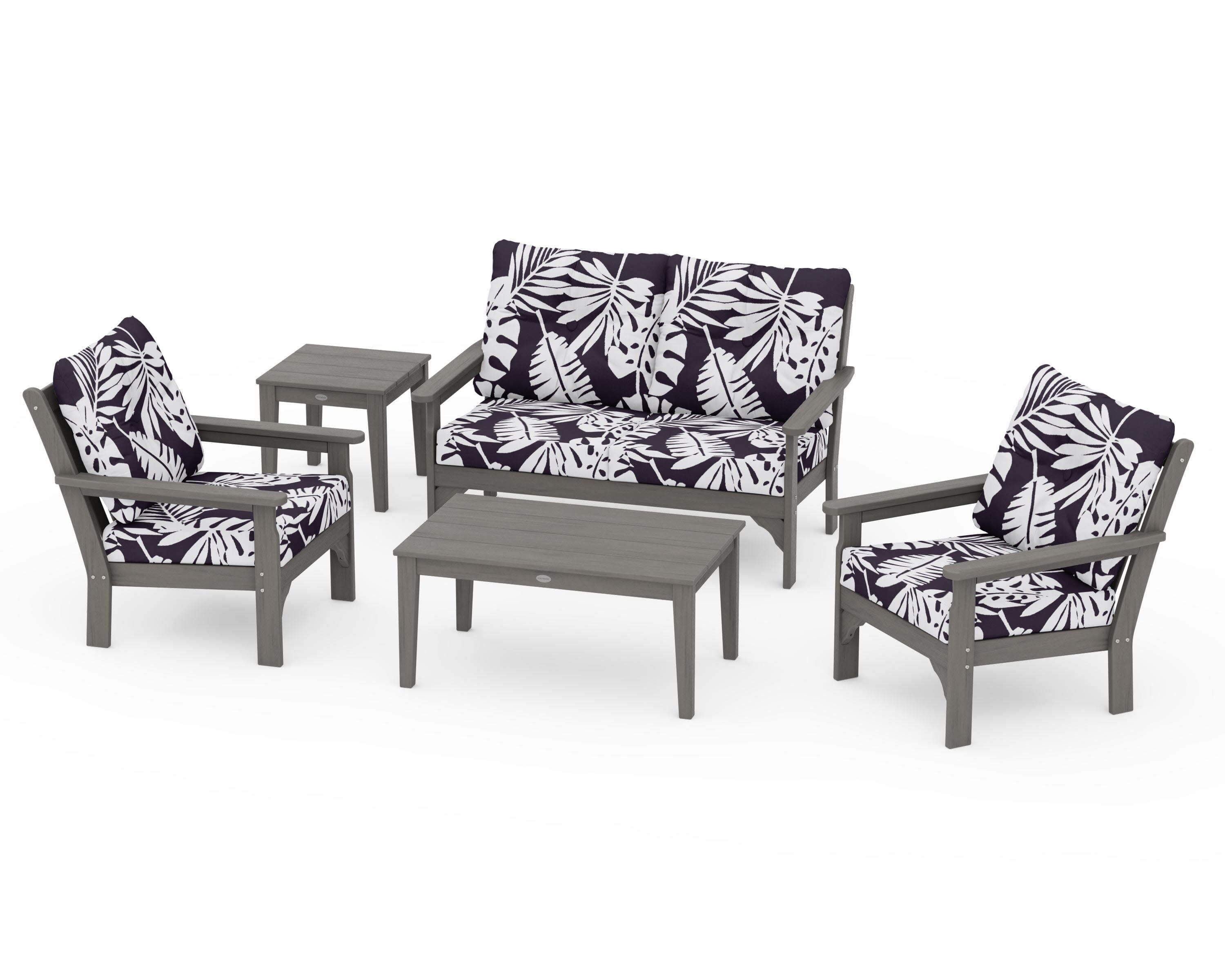 Vineyard 5-Piece Deep Seating Set in Driftwood / Leaf Navy