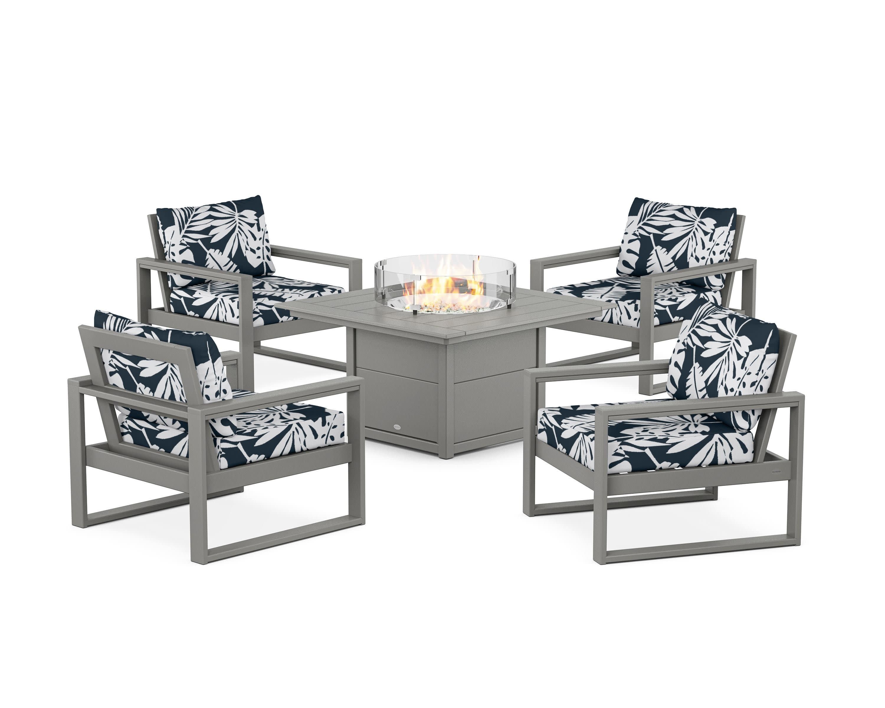 EDGE Sectional 5-Piece Deep Seating Set with Fire Pit Table in Slate Grey / Leaf Marine Indigo