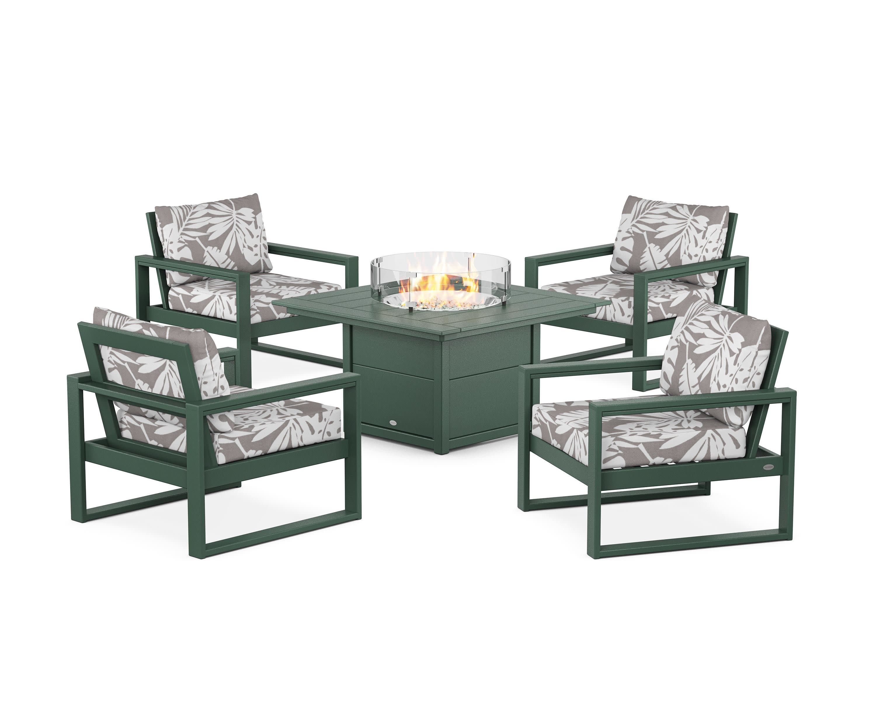 EDGE Sectional 5-Piece Deep Seating Set with Fire Pit Table in Green / Leaf Grey Mist