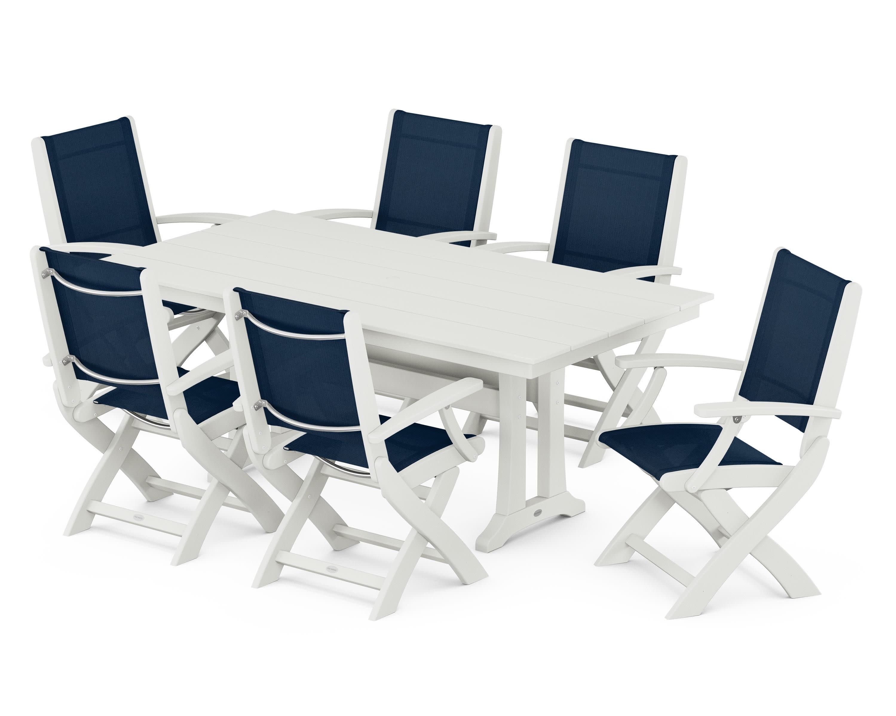 Coastal Folding Arm Chair 7-Piece Farmhouse Dining Set with Trestle Legs in Vintage White / Navy Blue Sling