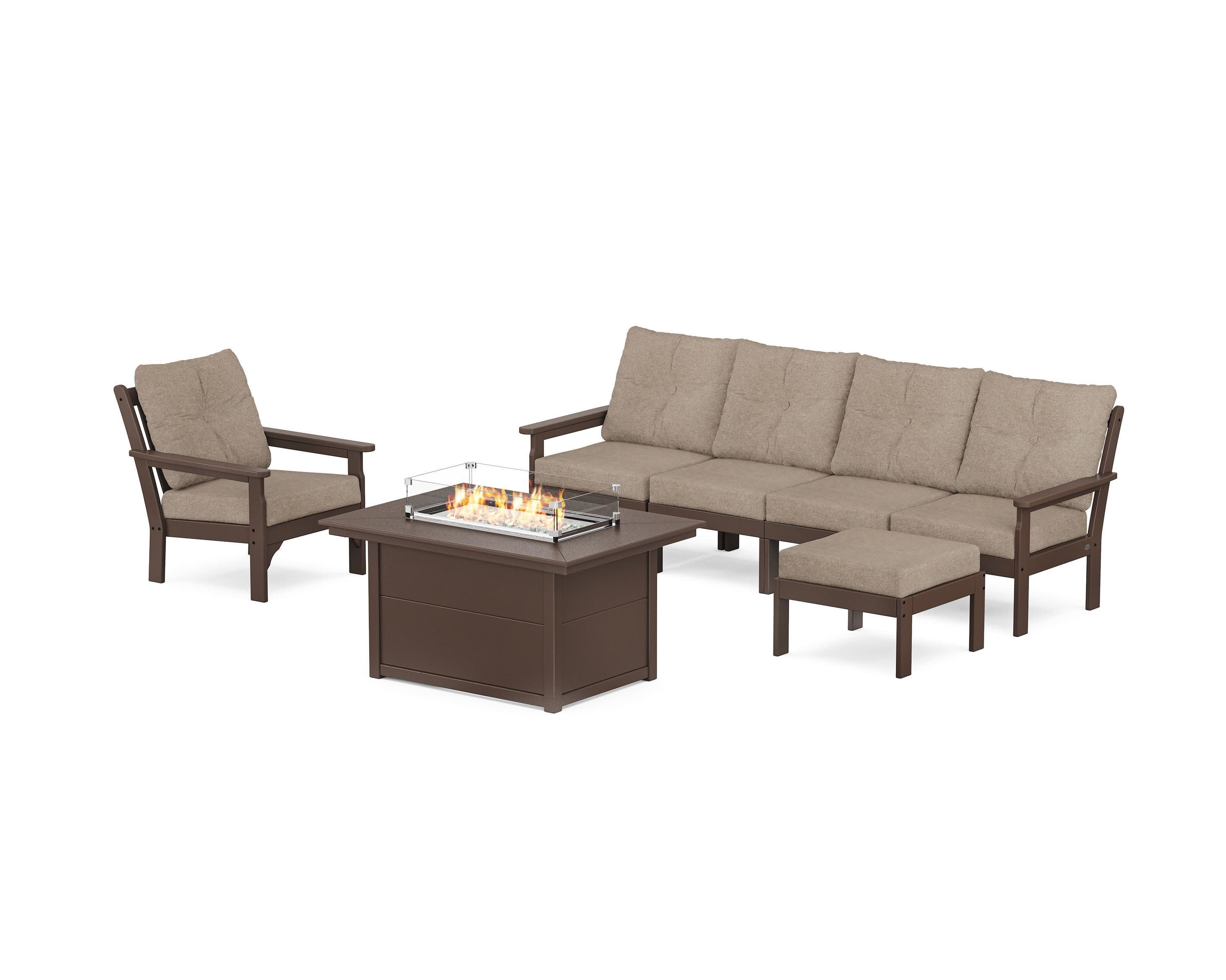 Vineyard Sectional Lounge and Fire Pit Set in Mahogany / Spiced Burlap