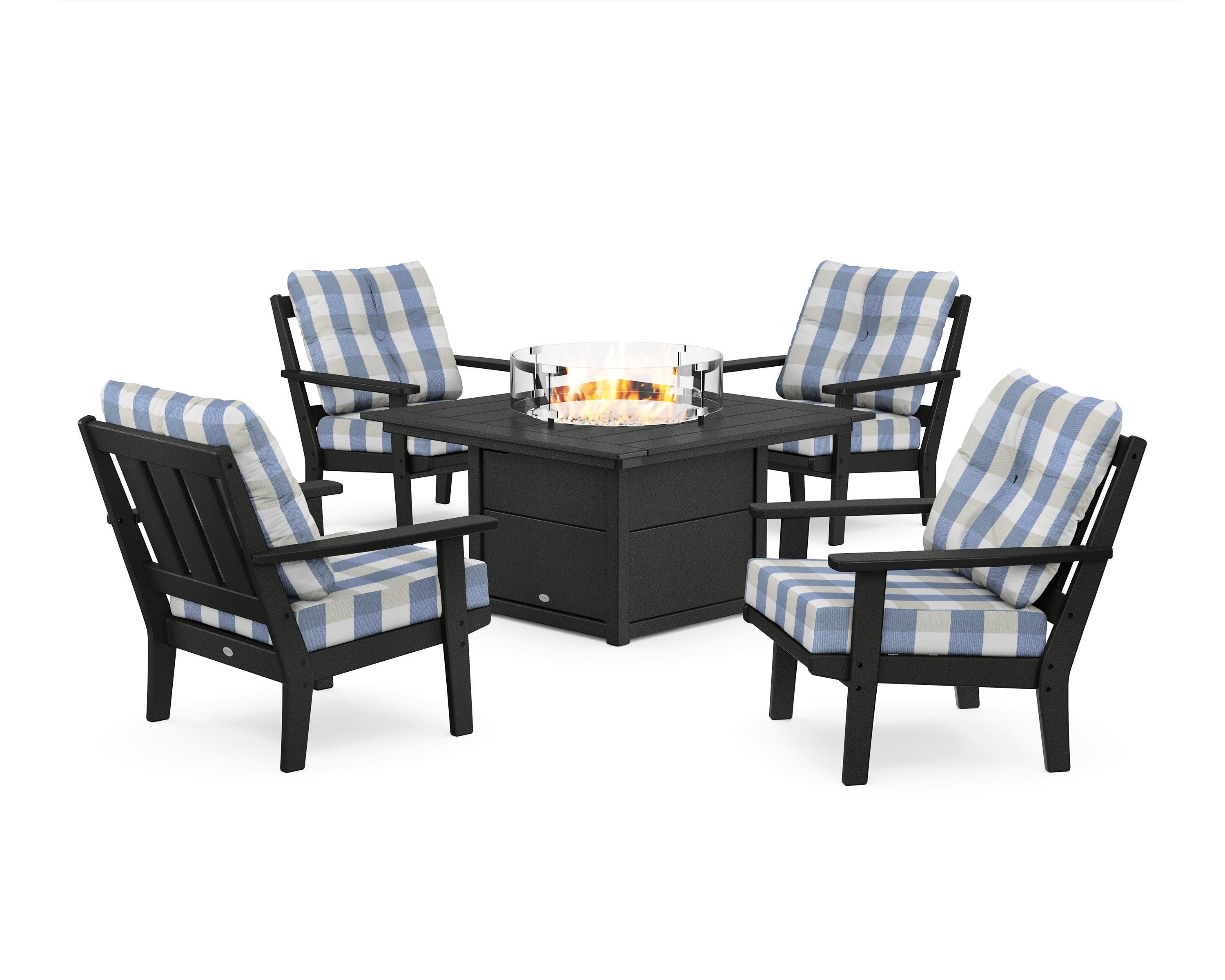 Oxford 5-Piece Deep Seating Set with Fire Pit Table in Black / Buffalo Plaid Sky Blue
