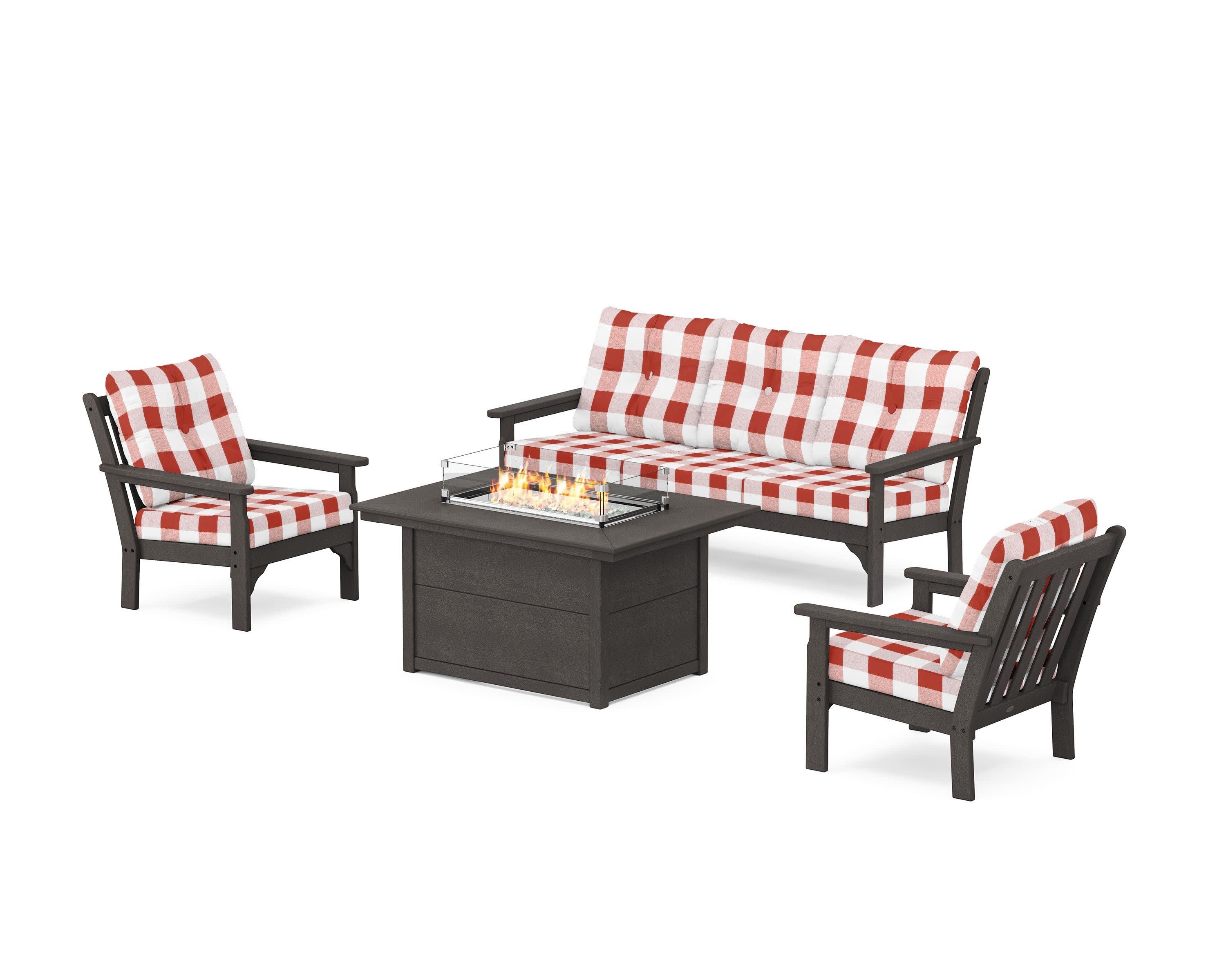 Vineyard Deep Seating Fire Pit Table Set in Vintage Coffee / Buffalo Plaid Crimson