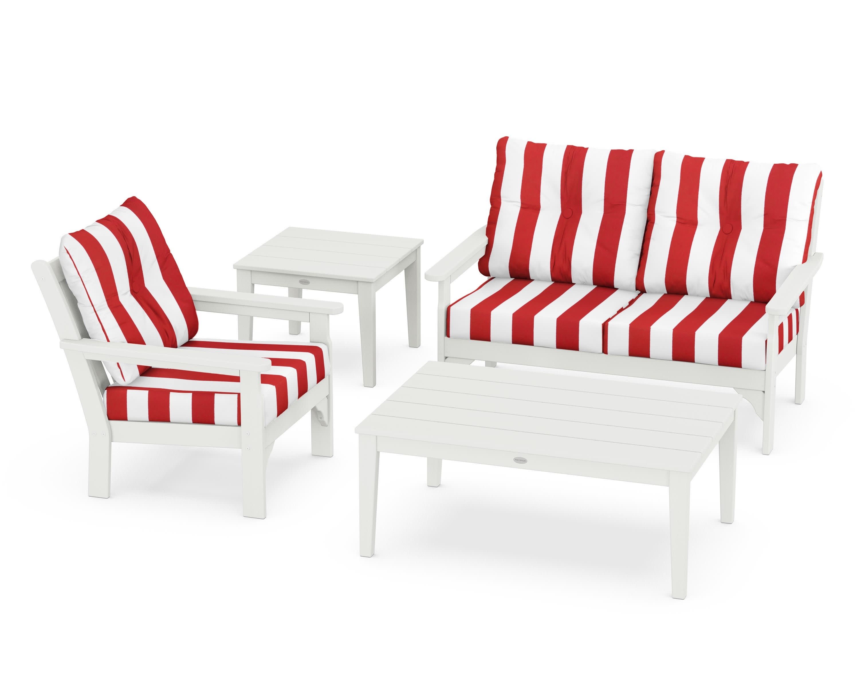 Vineyard 4-Piece Deep Seating Set in Vintage White / Cabana Stripe Crimson