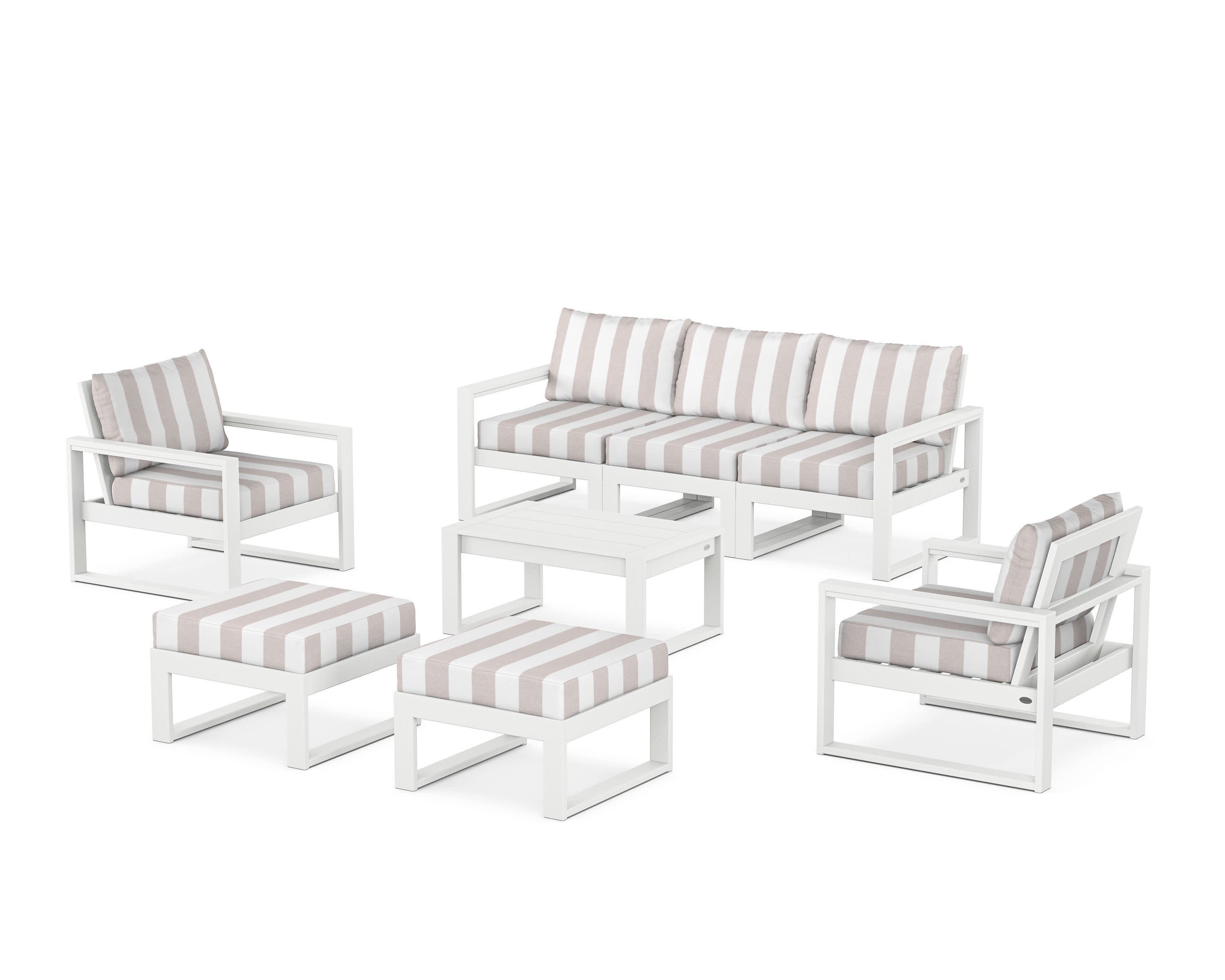 EDGE Sectional 8-Piece Lounge Sofa Set in White / Cabana Stripe Dune Burlap
