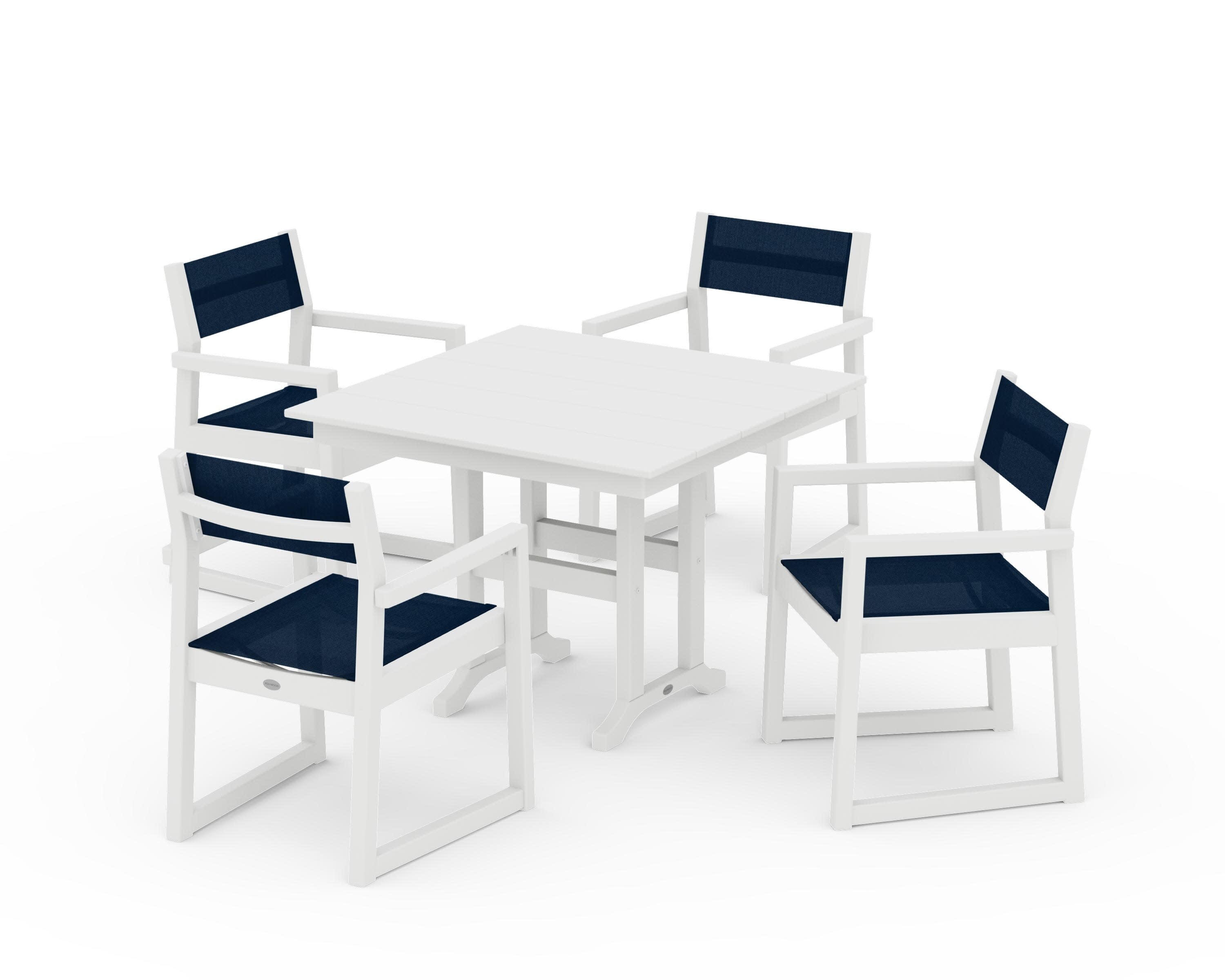 EDGE Sling Arm Chair 5-Piece Farmhouse Dining Set in White / Navy Blue Sling