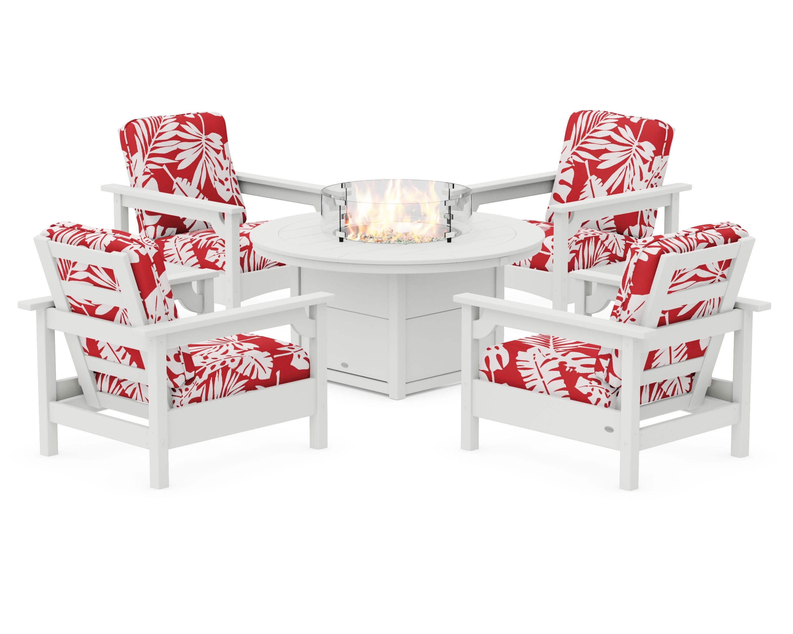Club 5-Piece Conversation Set with Fire Pit Table in Vintage White / Leaf Crimson