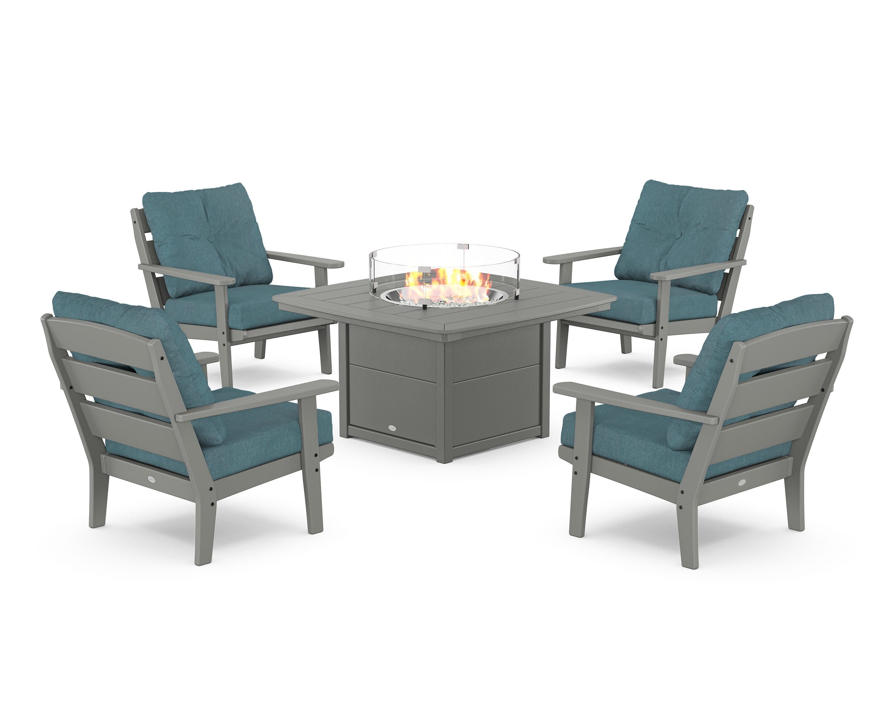 Lakeside 5-Piece Deep Seating Set with Nautical Fire Pit Table in Slate Grey / Ocean Teal