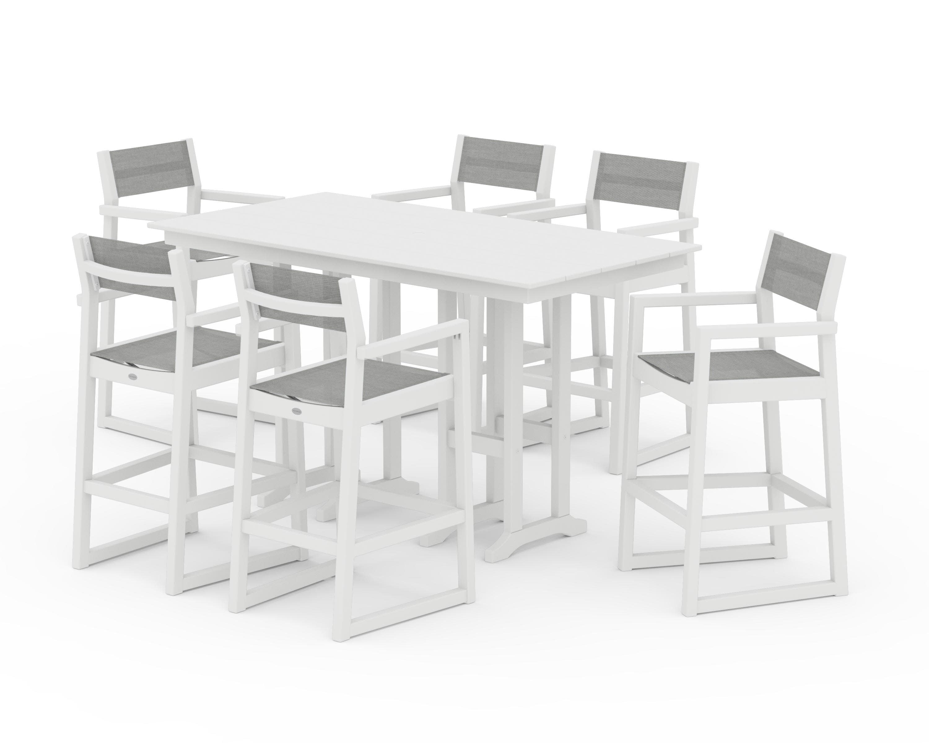 EDGE Sling Arm Chair 7-Piece Farmhouse Bar Set in White / Metallic Sling
