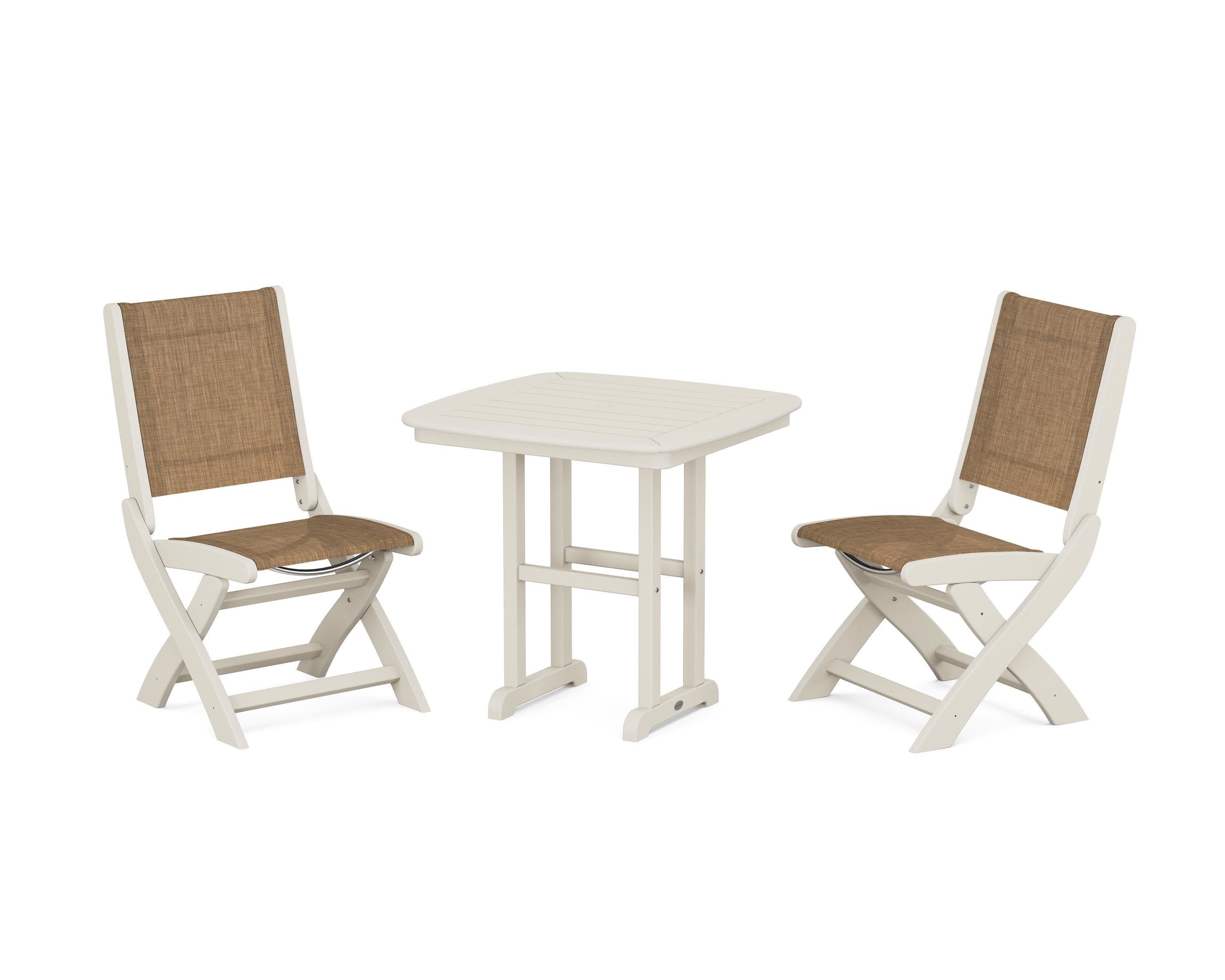 Coastal Folding Side Chair 3-Piece Dining Set in Sand / Burlap Sling