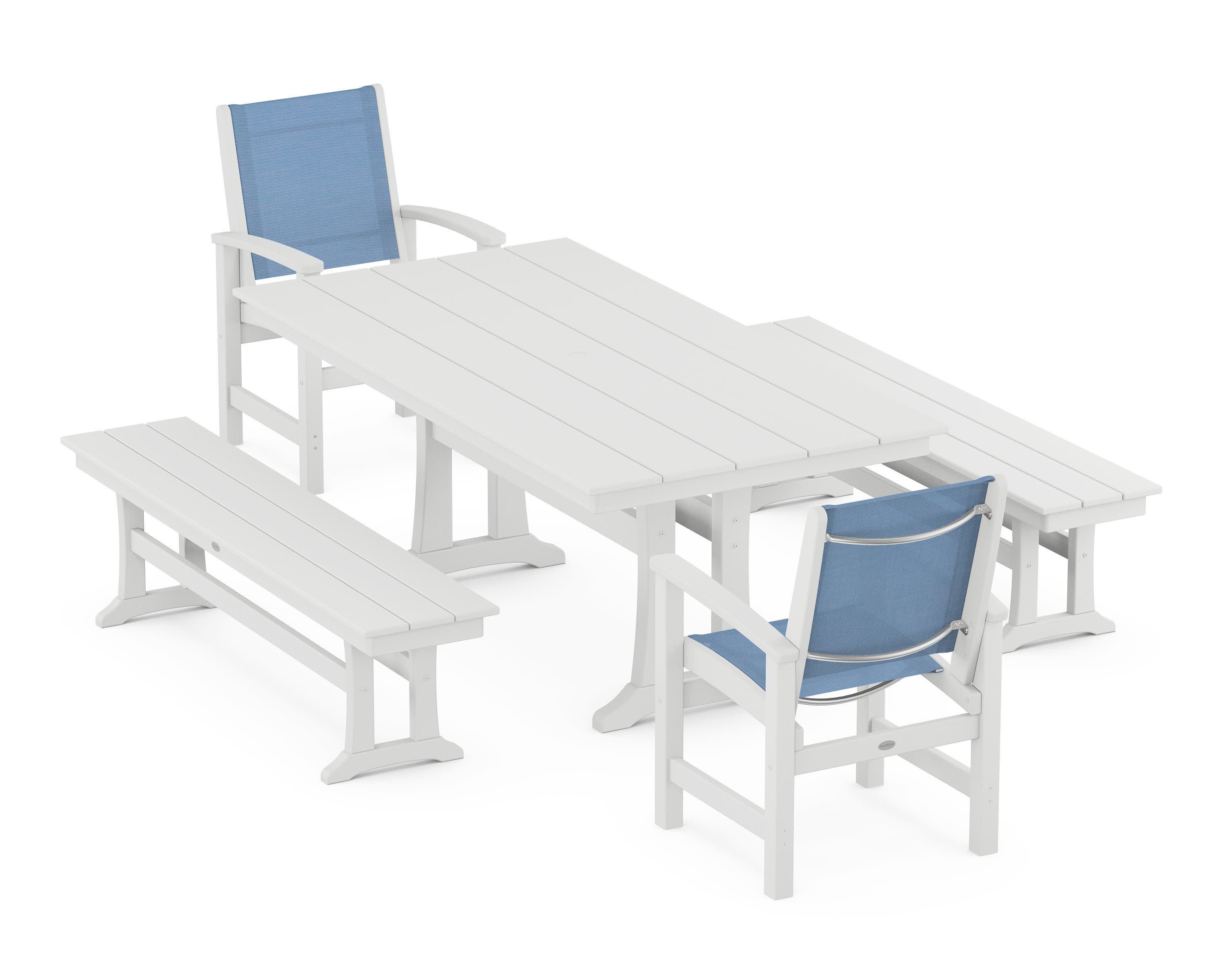 Coastal 5-Piece Farmhouse Dining Set with Trestle Legs and Benches in White / Poolside Sling
