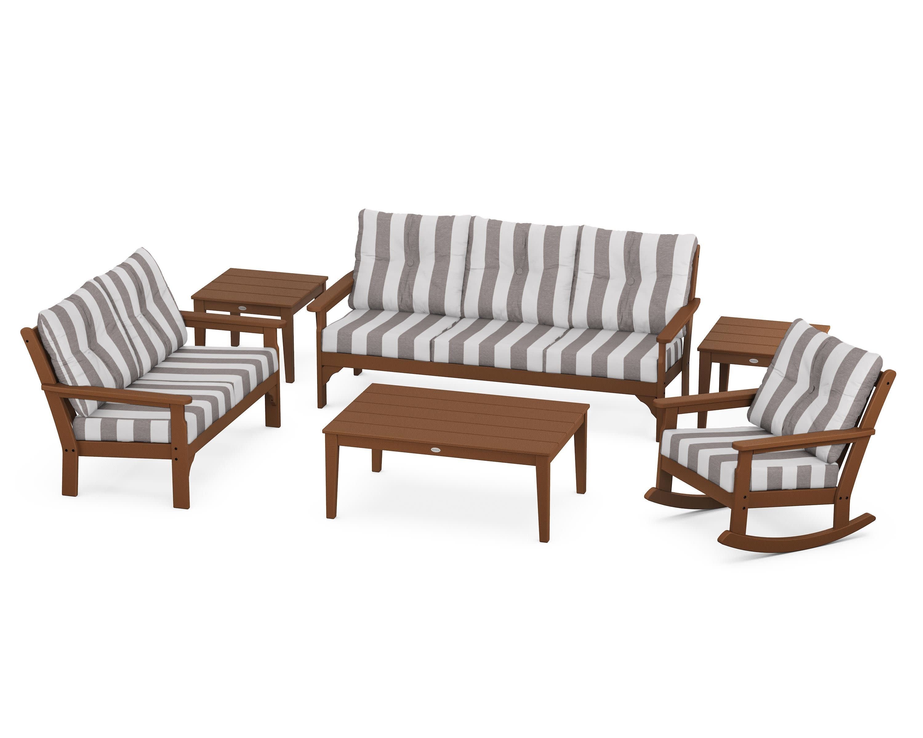 Vineyard 6-Piece Deep Seating Set in Teak / Cabana Stripe Grey Mist