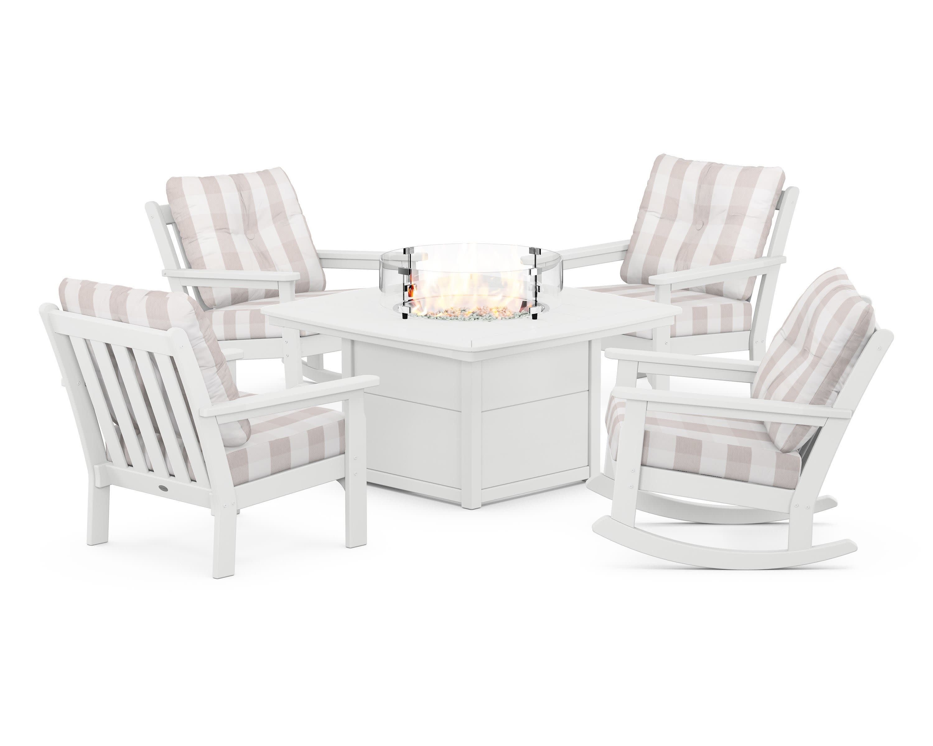 Vineyard 5-Piece Deep Seating Rocking Chair Conversation Set with Fire Pit Table in White / Buffalo Plaid Dune Burlap