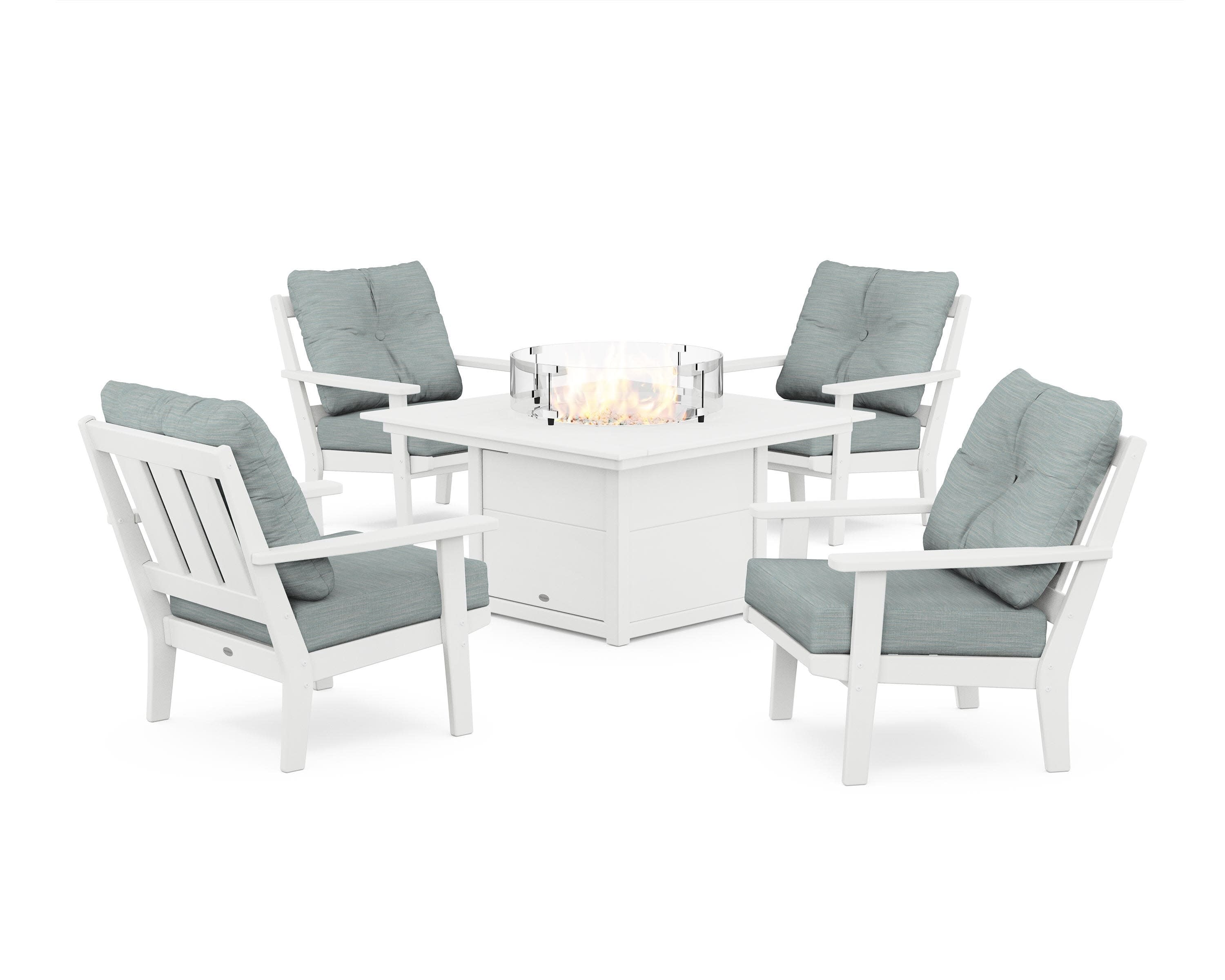 Oxford 5-Piece Deep Seating Set with Fire Pit Table in White / Soothe Mist