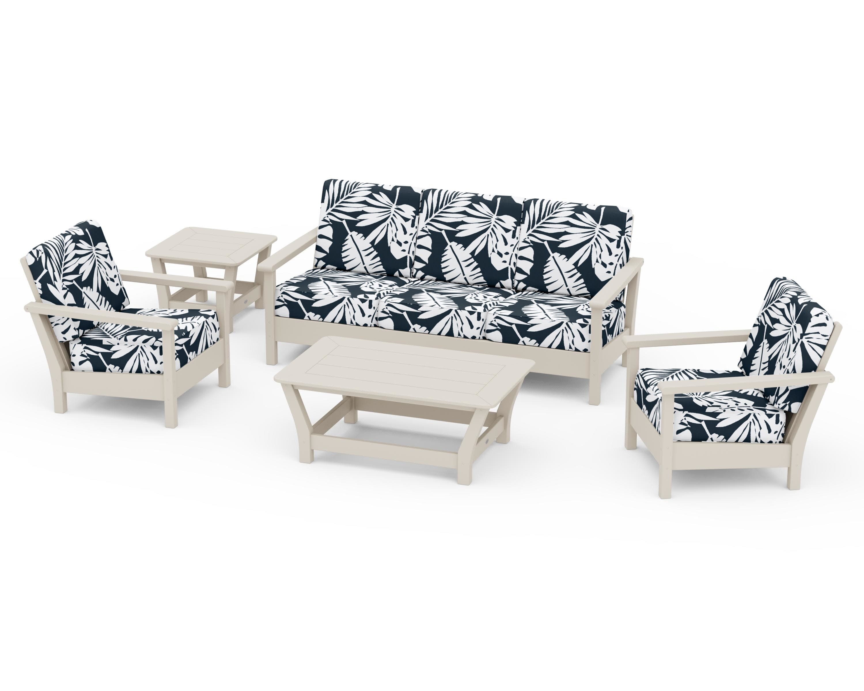 Harbour 5-Piece Deep Seating Set in Sand / Leaf Marine Indigo