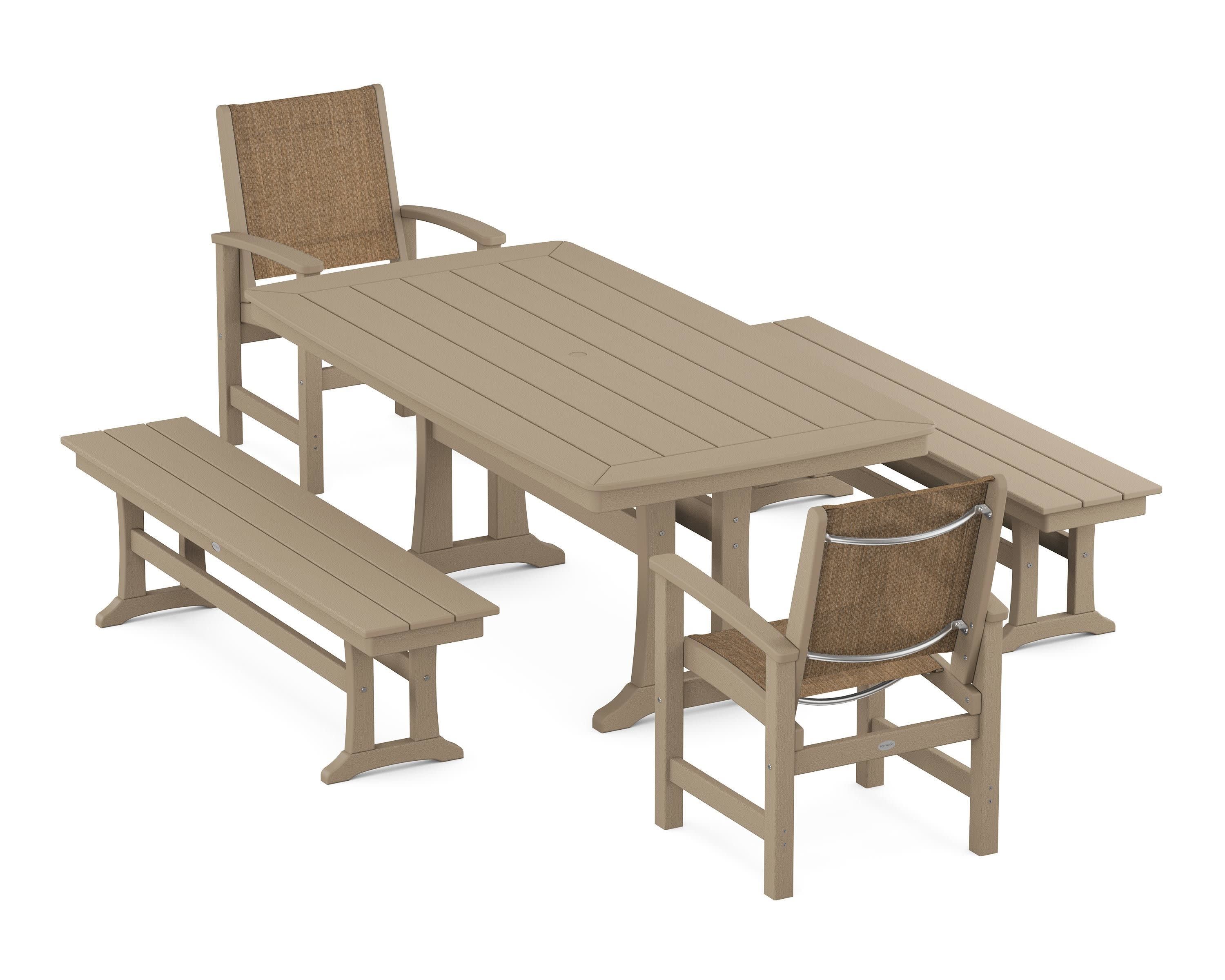 Coastal 5-Piece Dining Set with Trestle Legs and Benches in Vintage Sahara / Burlap Sling