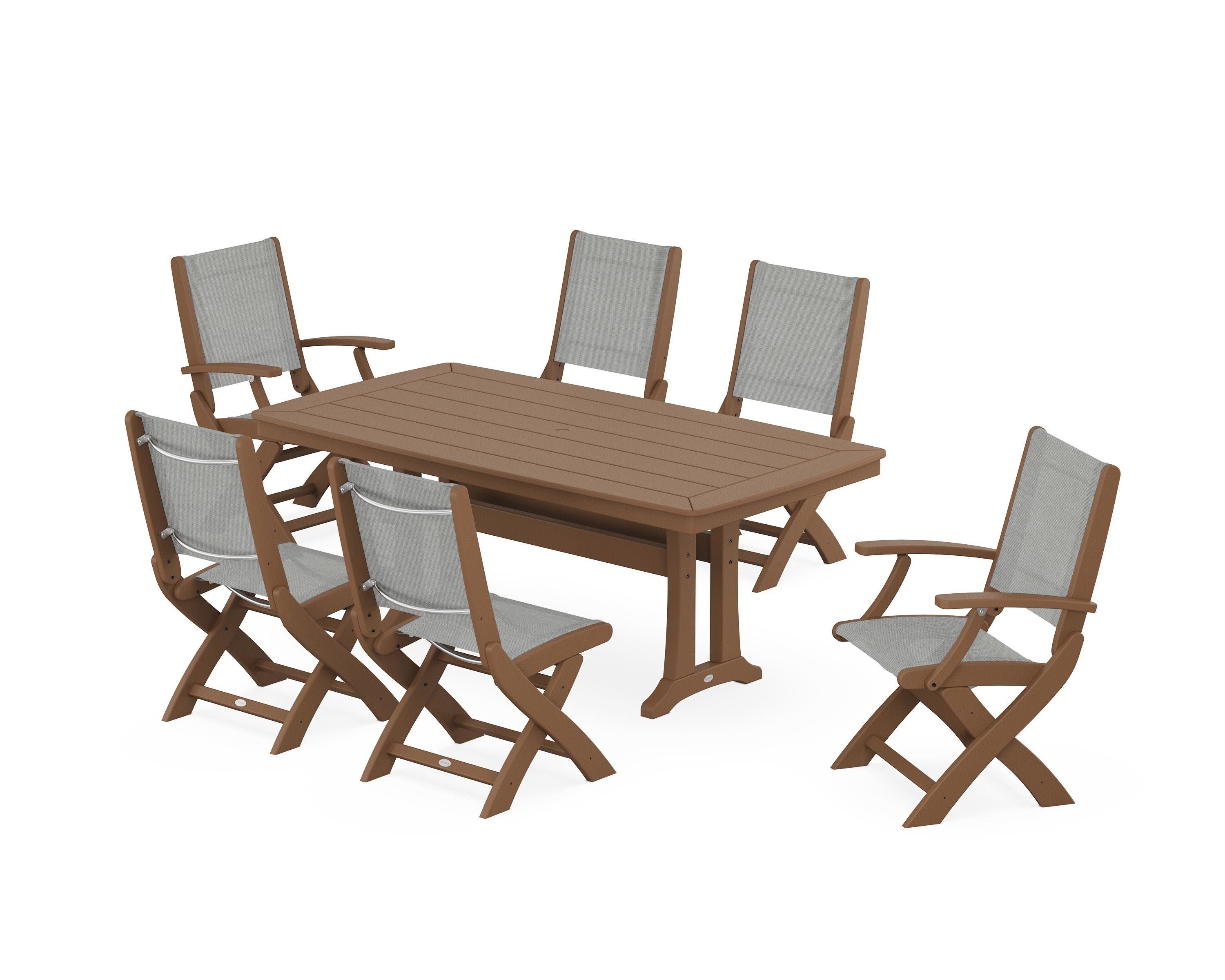 Coastal Folding Chair 7-Piece Dining Set with Trestle Legs in Teak / Metallic Sling