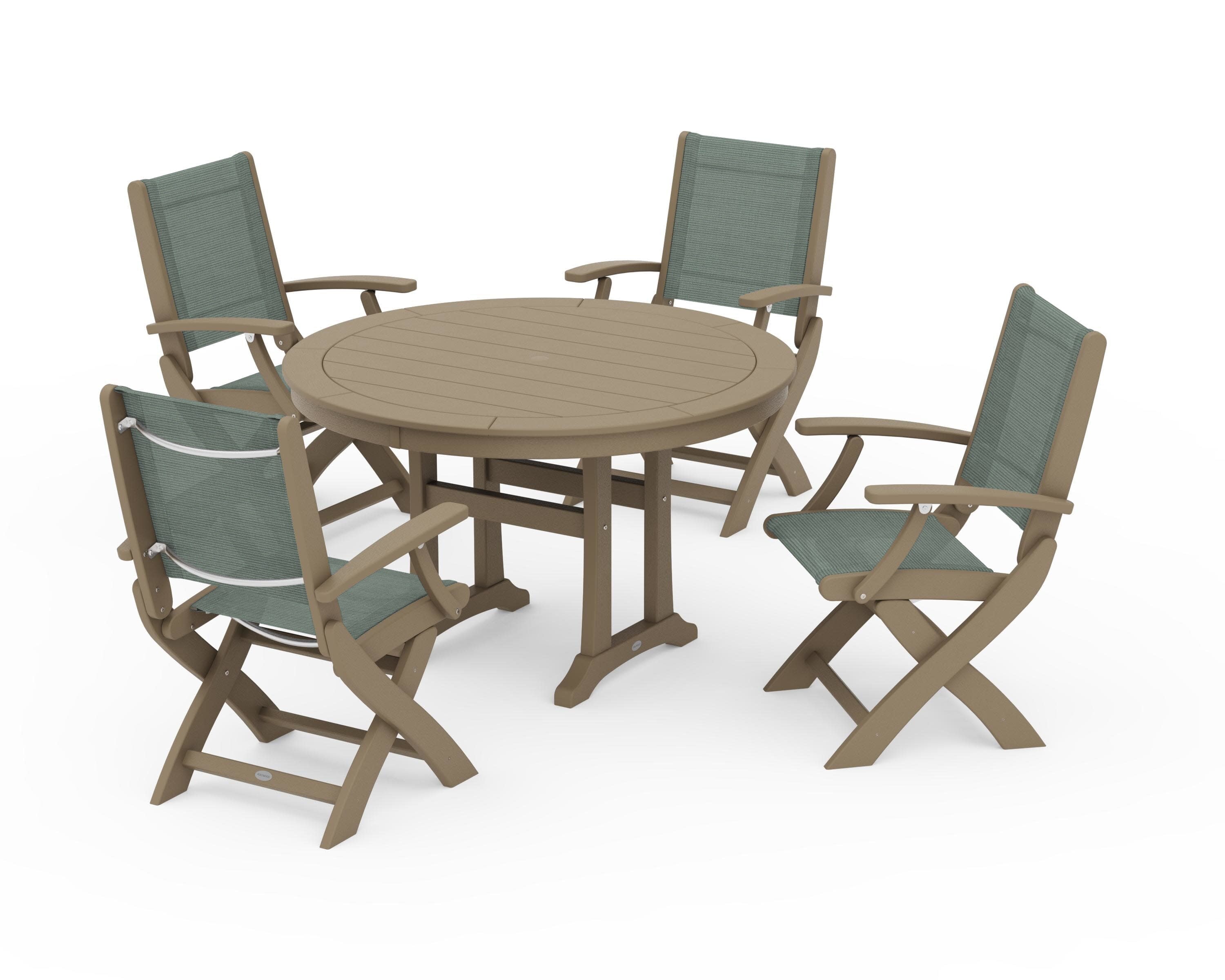 Coastal Folding Chair 5-Piece Round Dining Set with Trestle Legs in Vintage Sahara / Dupioni Sea Mist Sling