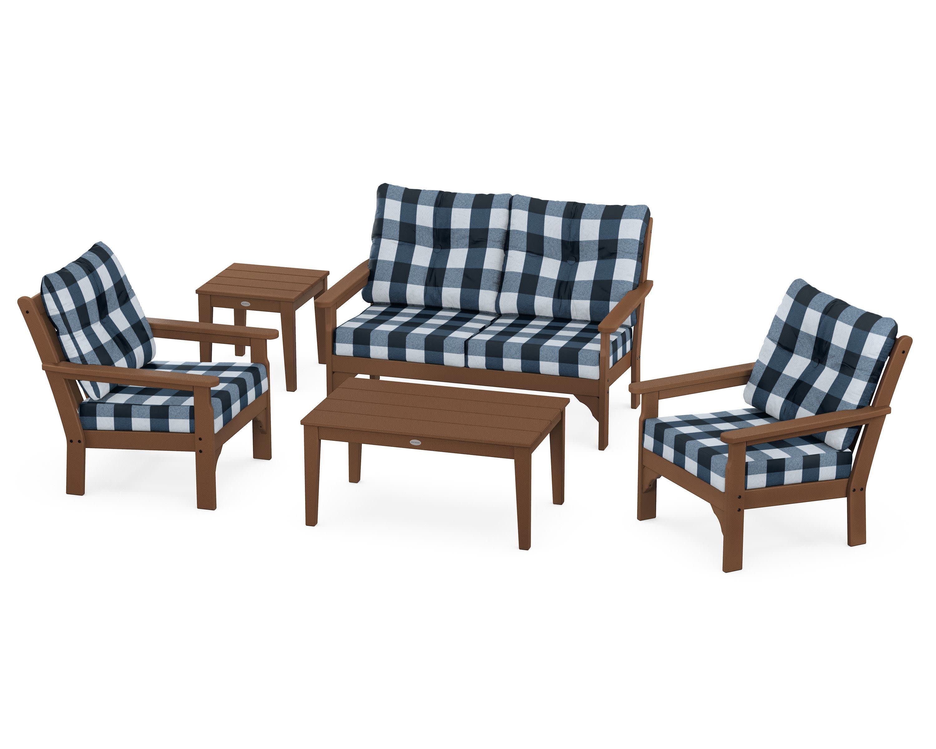 Vineyard 5-Piece Deep Seating Set in Teak / Buffalo Plaid Marine Indigo
