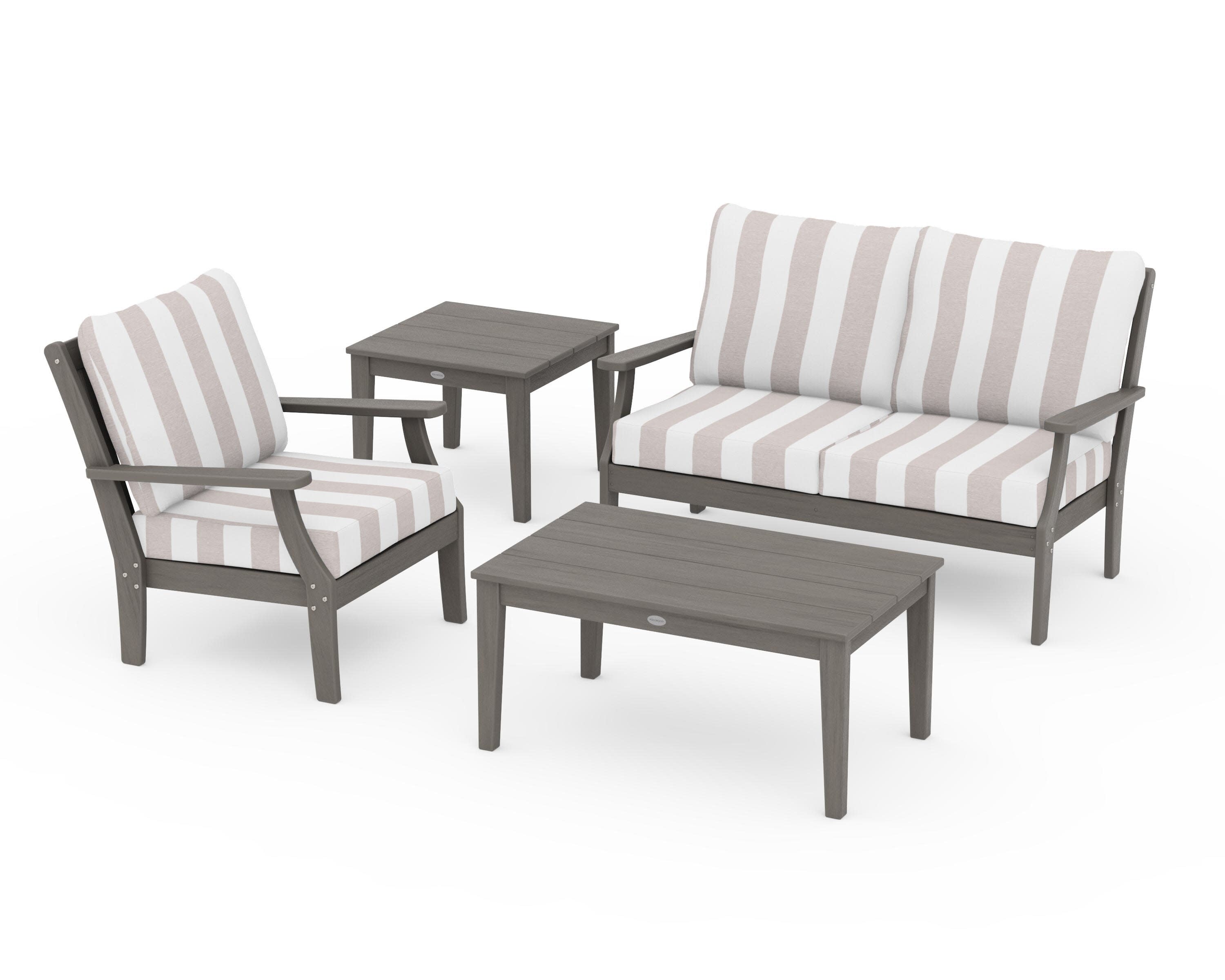 Braxton 4-Piece Deep Seating Set in Driftwood / Cabana Stripe Dune Burlap