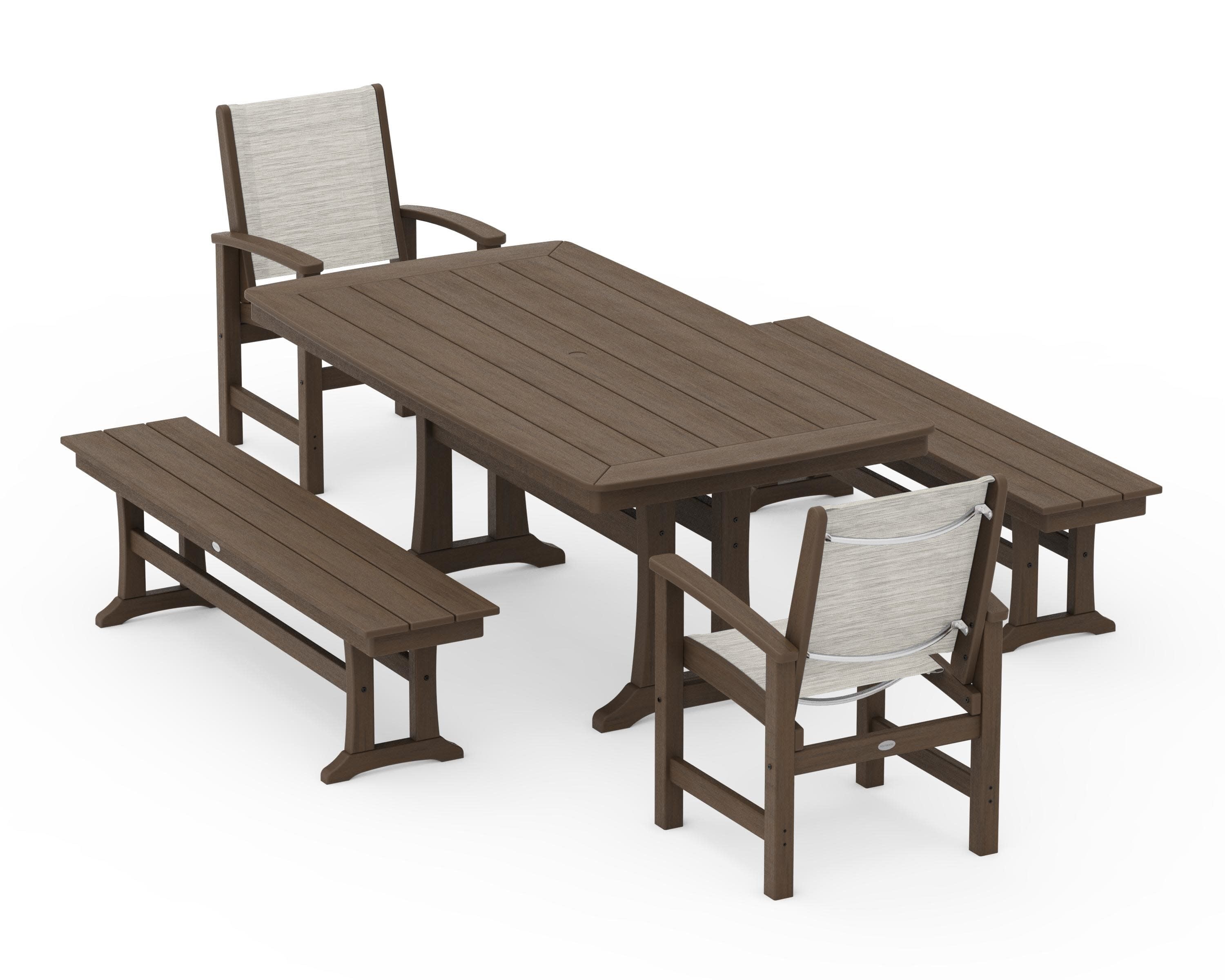 Coastal 5-Piece Dining Set with Trestle Legs and Benches in Kona / Birch Sling