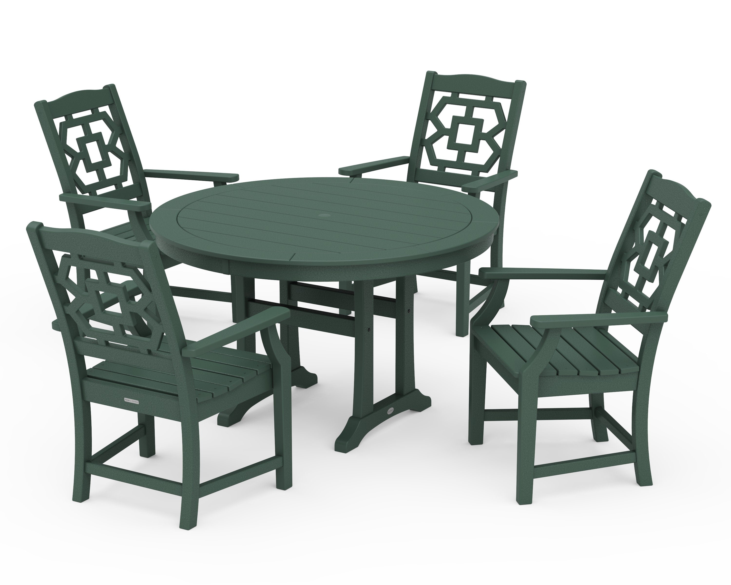 Chinoiserie 5-Piece Round Dining Set with Trestle Legs in Green