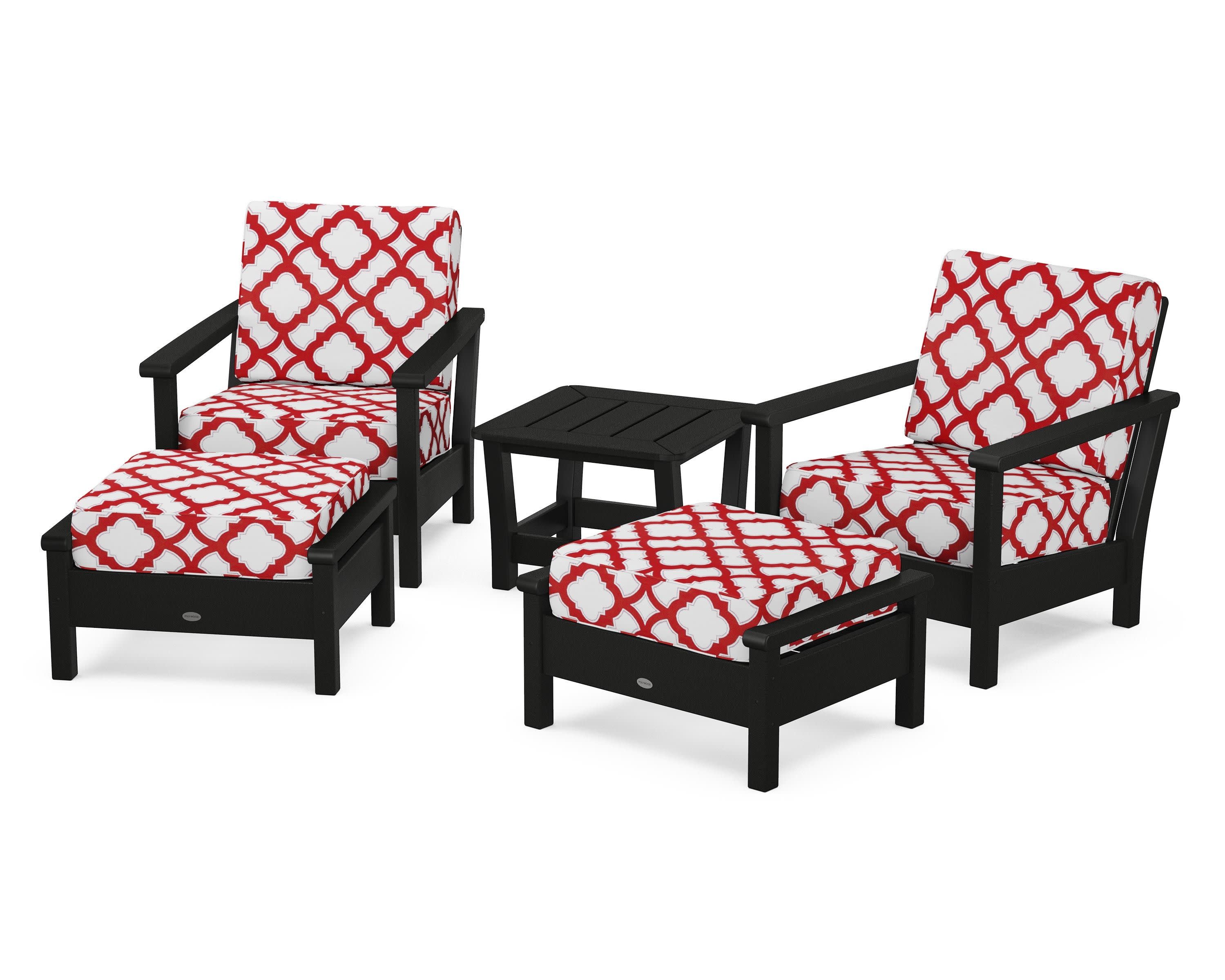 Harbour 5-Piece Deep Seating Chair Set in Black / Trellis Crimson