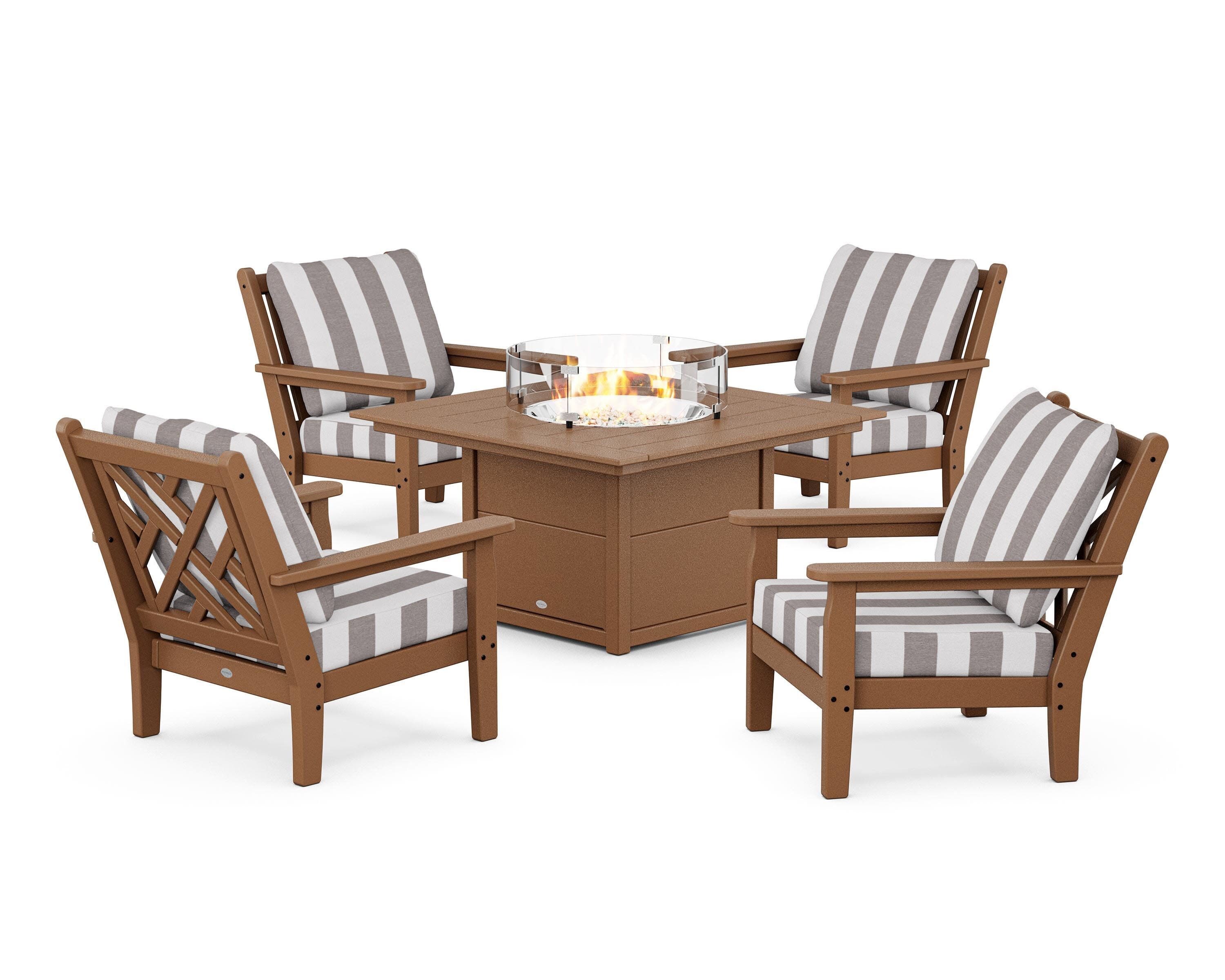 Chippendale 5-Piece Deep Seating Set with Fire Pit Table in Teak / Cabana Stripe Grey Mist