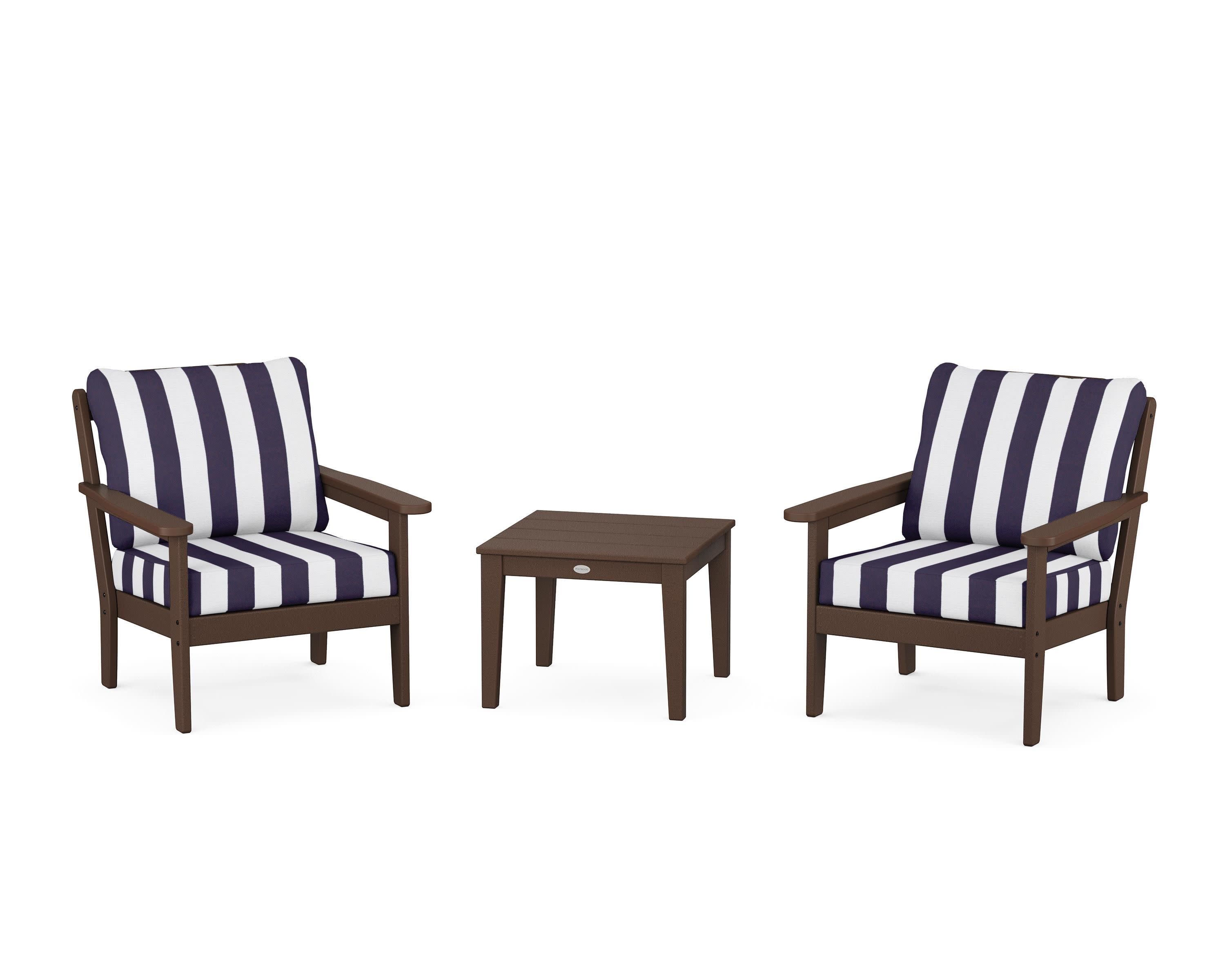 Cottage 3-Piece Deep Seating Set in Mahogany / Cabana Stripe Navy